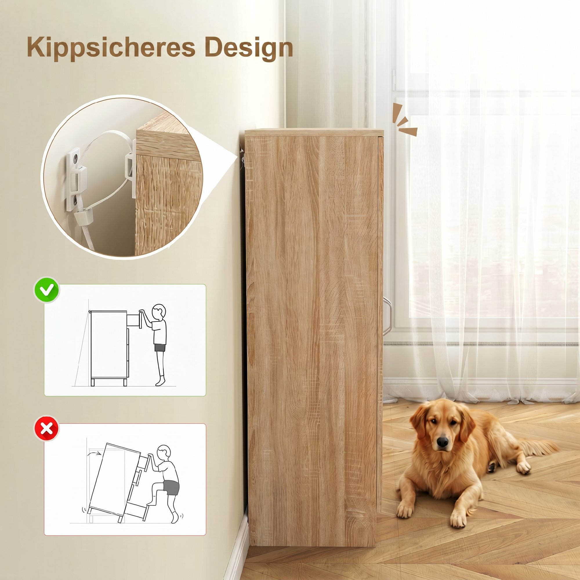 Kingakapp 2 uksega, 6 reguleeritavat riiulit, naturaalse puidu tooni, 55 x 35 x 108 cm