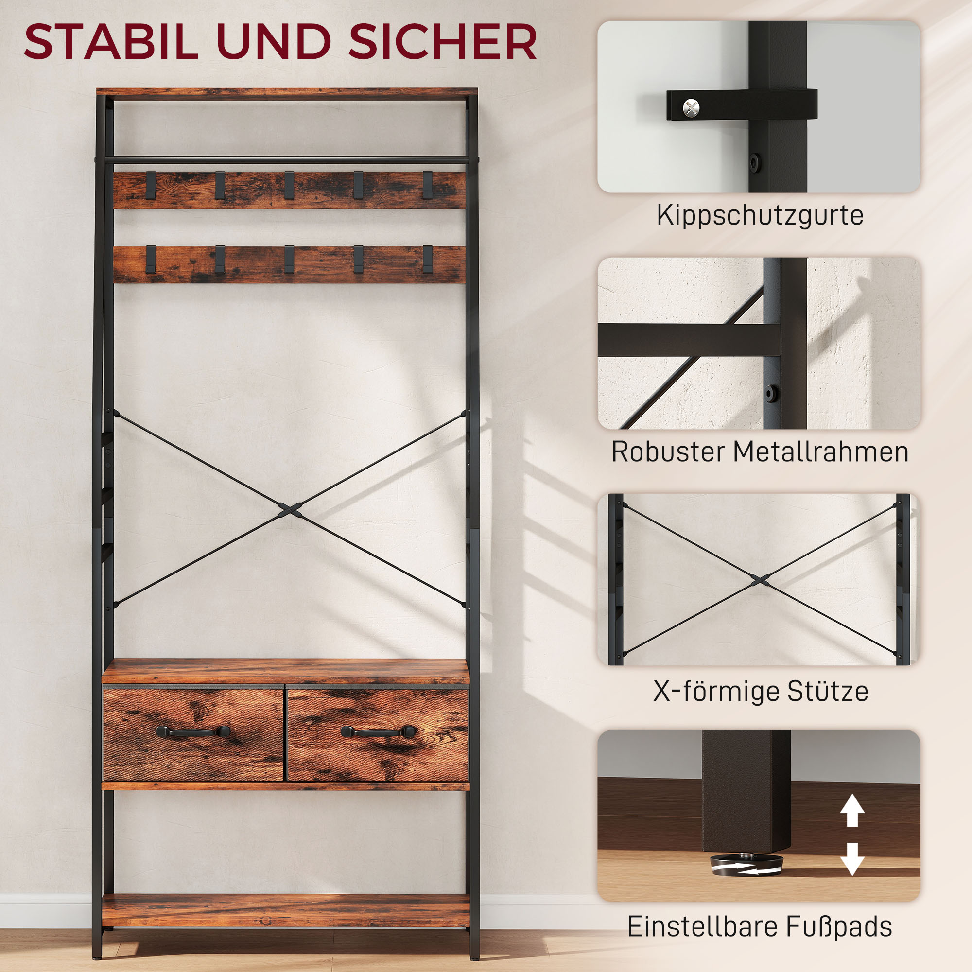 Garderoob koos kingariiuli ja pingiga, 10 konksu, 2 riidest sahtlit, 80 x 30 x 180 cm, pruun