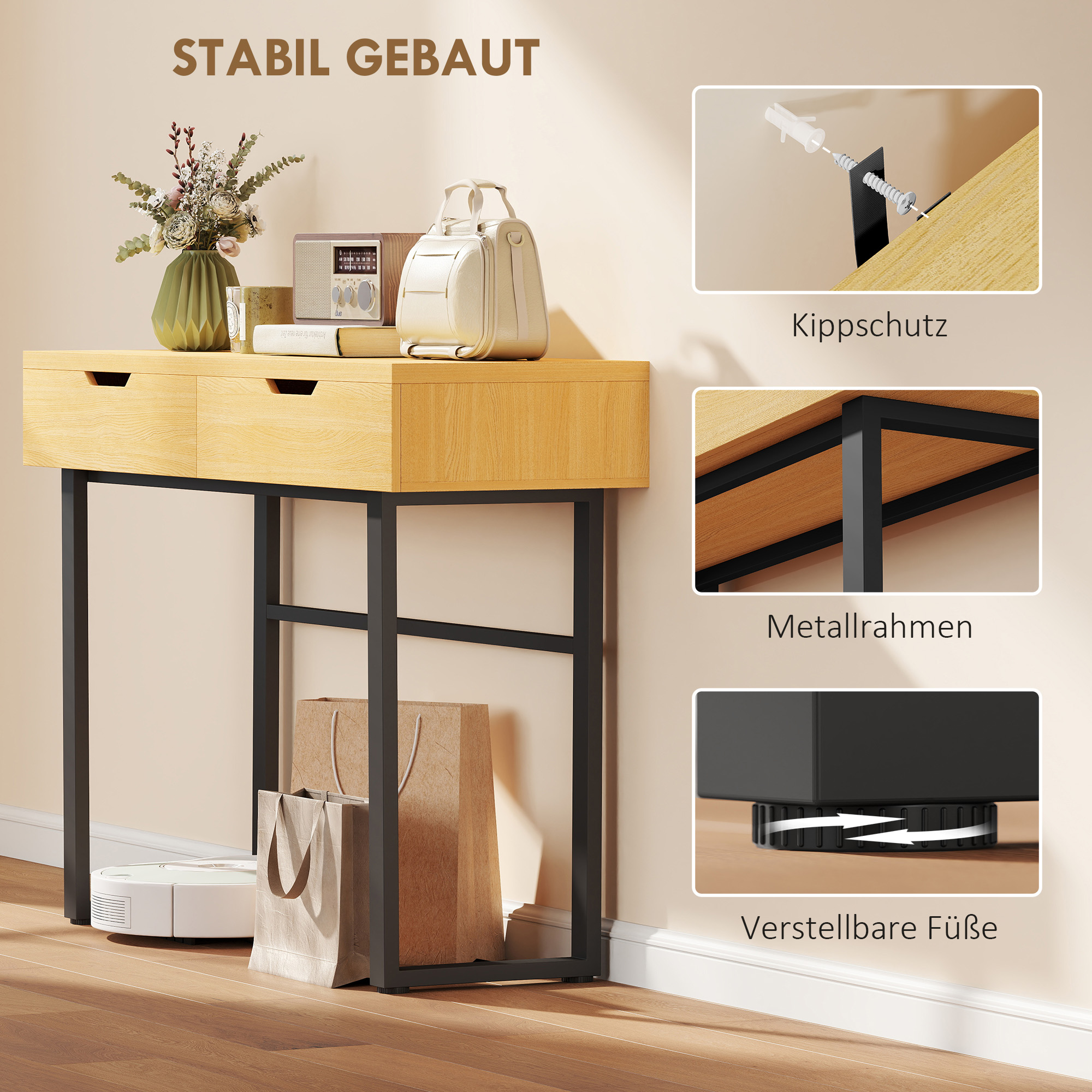 Konsollaud, kitsas esiku laud 2 sahtliga, metallraam, 110 x 35 x 76,5 cm, naturaalne