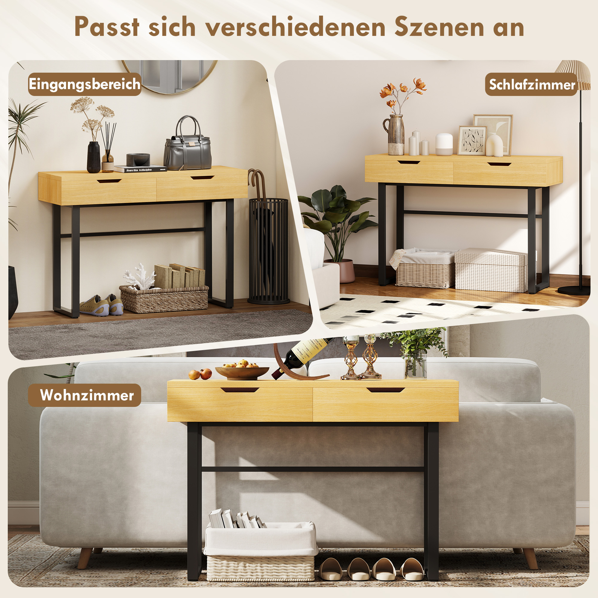 Konsollaud, kitsas esiku laud 2 sahtliga, metallraam, 110 x 35 x 76,5 cm, naturaalne