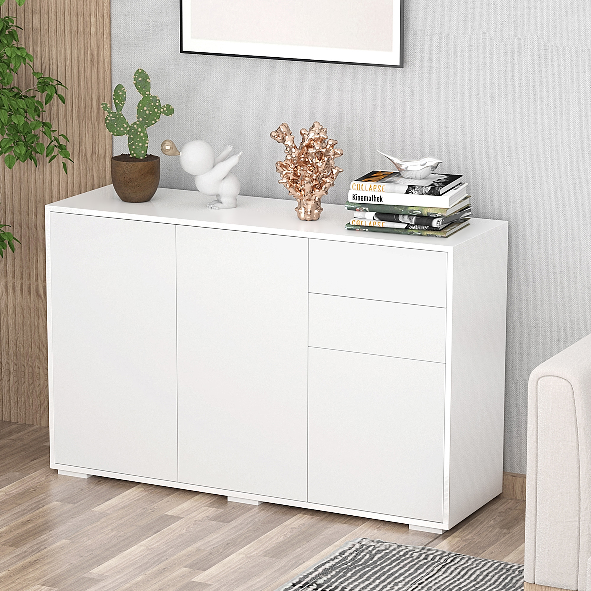 Sideboard kapp, 2 sahtlit, push-click, valge, 117 x 36 x 74 cm