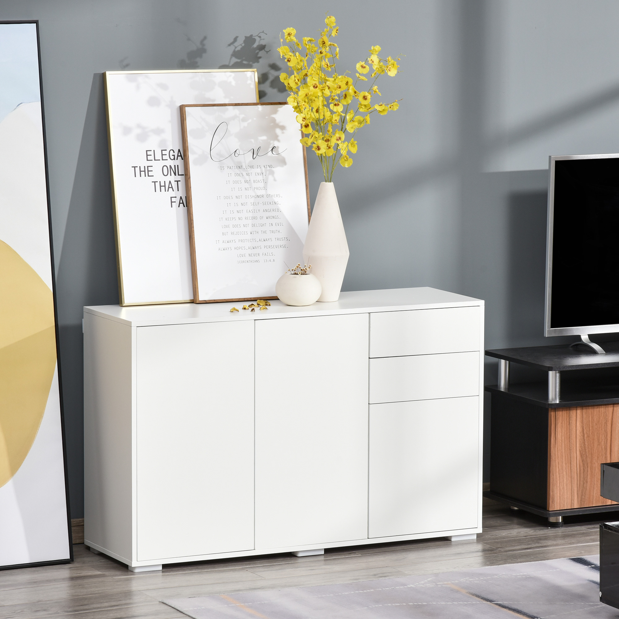 Sideboard kapp, 2 sahtlit, push-click, valge, 117 x 36 x 74 cm