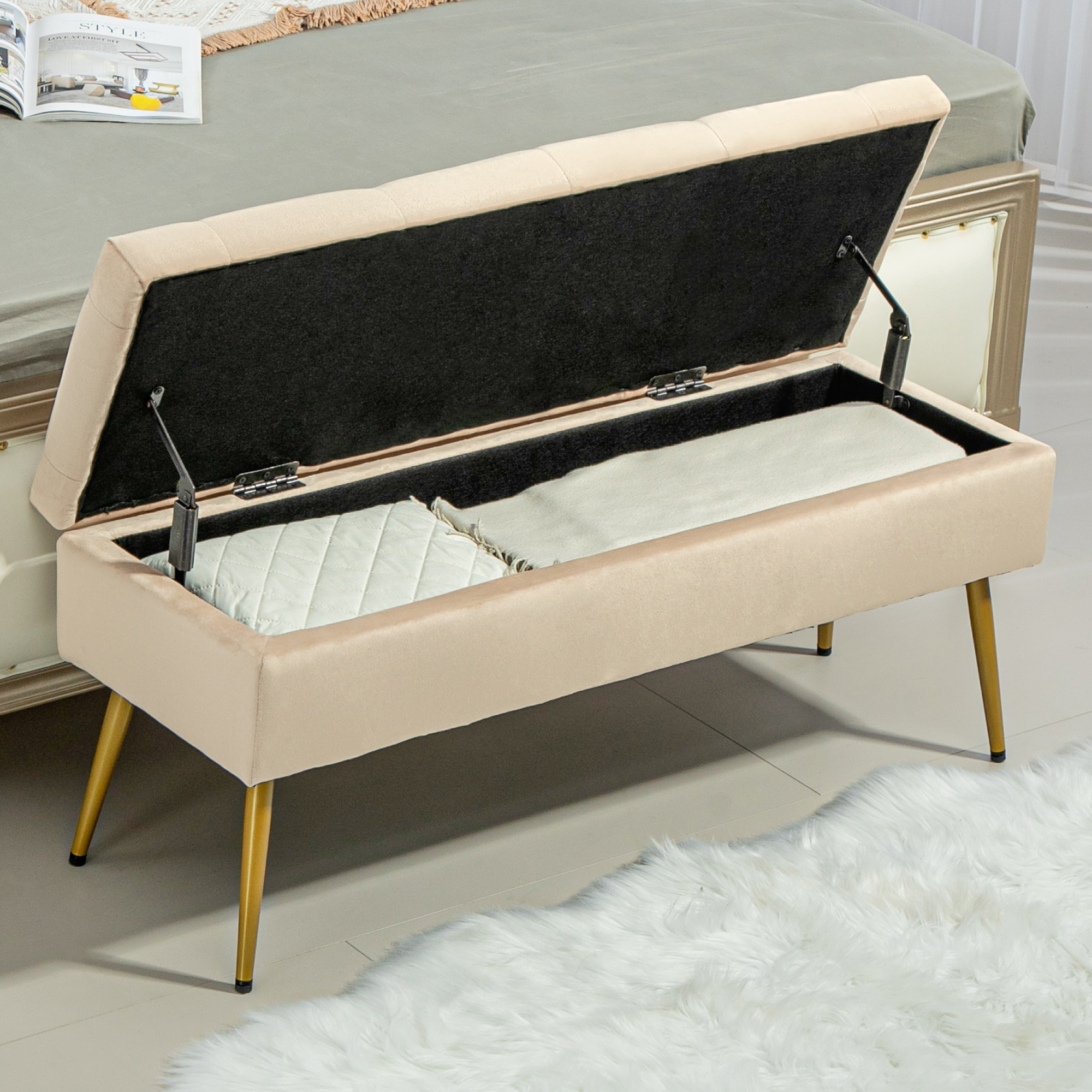 Panipaigaga pink, sametise ilmega polsterdatud tumba, tepitud disainiga, metallraam, beež, 102 x 35 x 43 cm