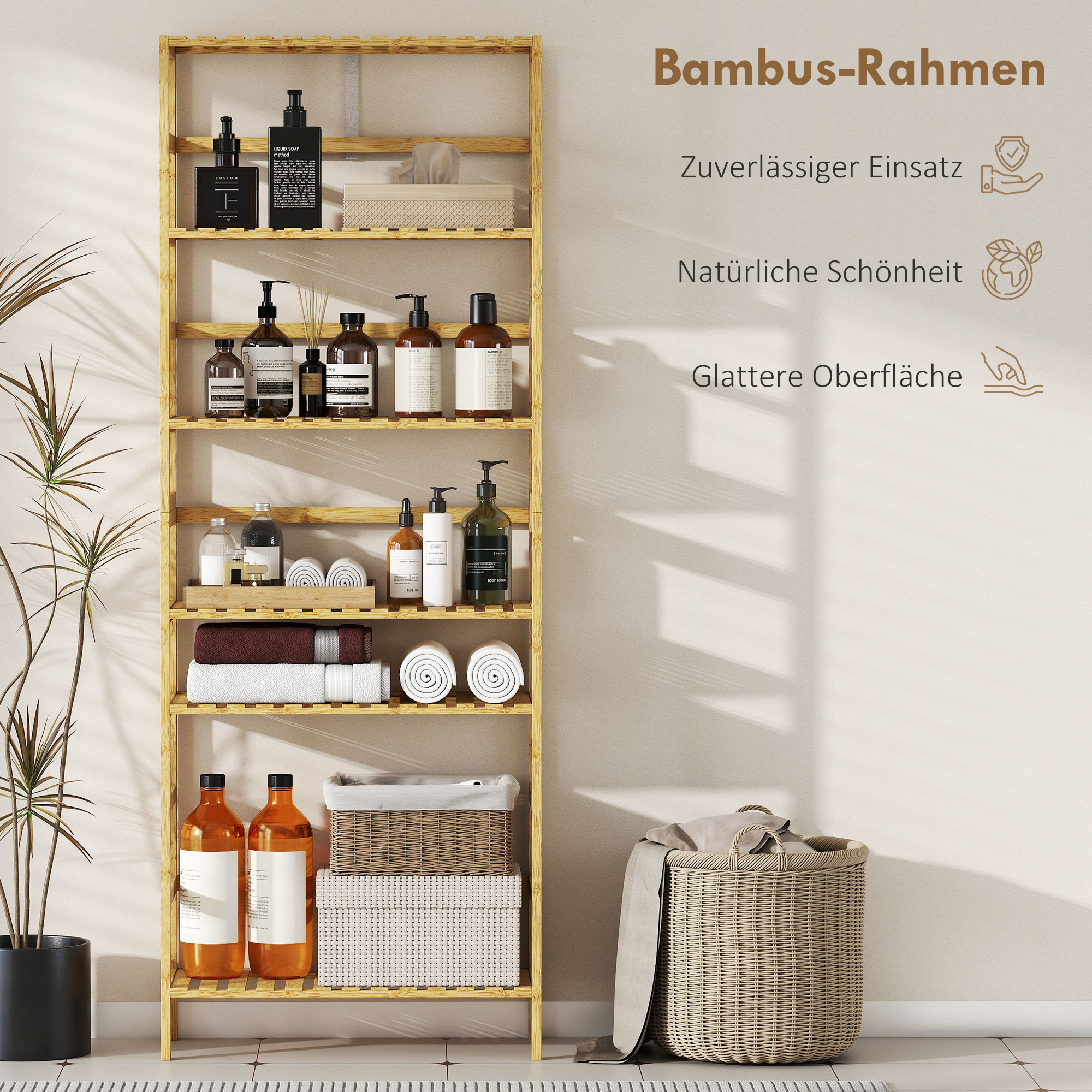 6 tasandiga bambusest riiul, reguleeritavad riiulid, naturaalne puidutoon