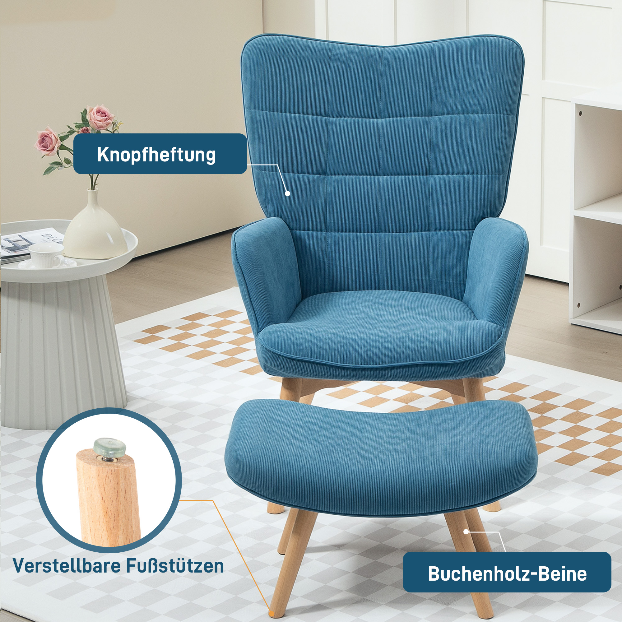 Sinine aktsenttool koos tumba, 72 x 80 x 101 cm