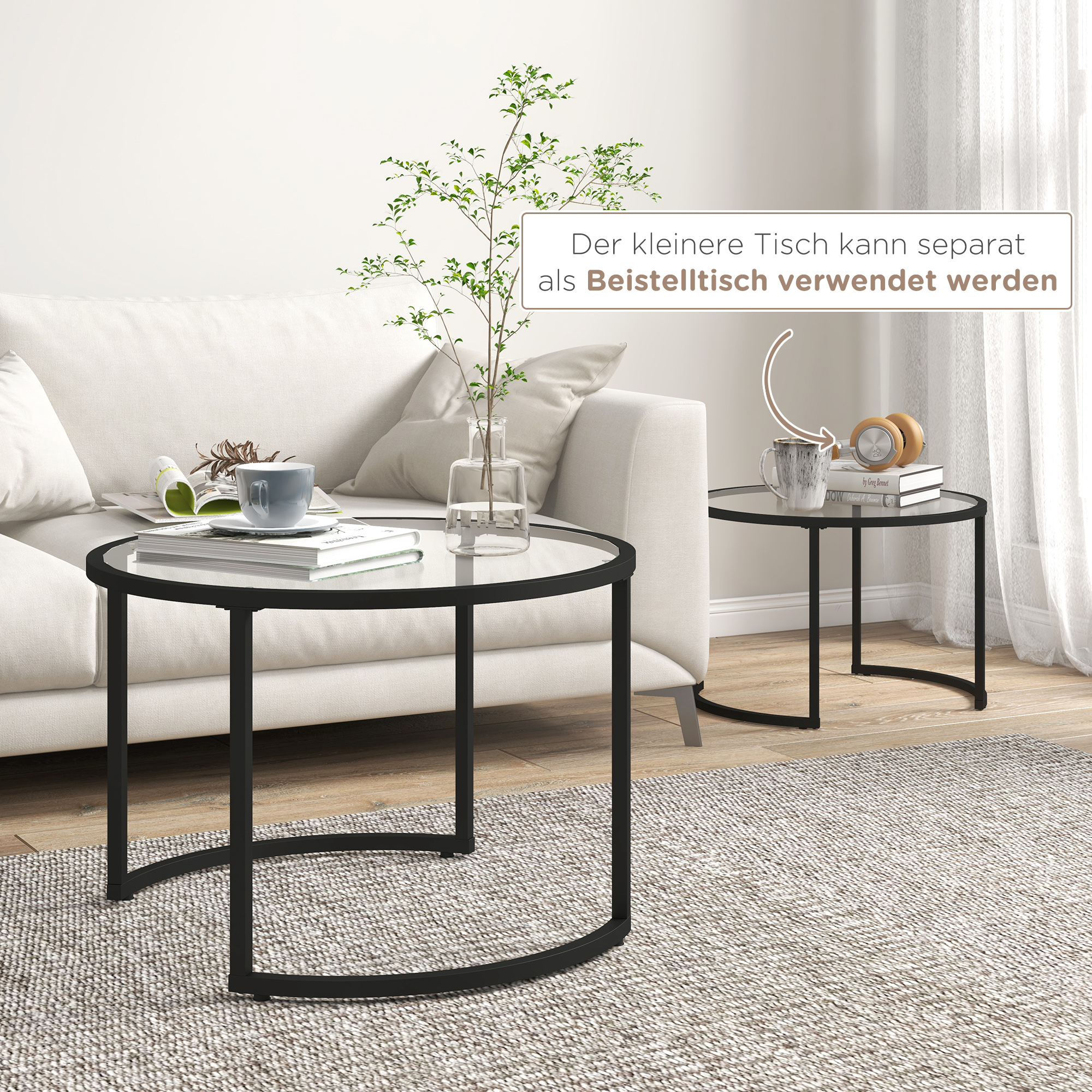 2-osaline abilaua komplekt, must, klaas, industriaalne disain, Ø70 / Ø54 cm
