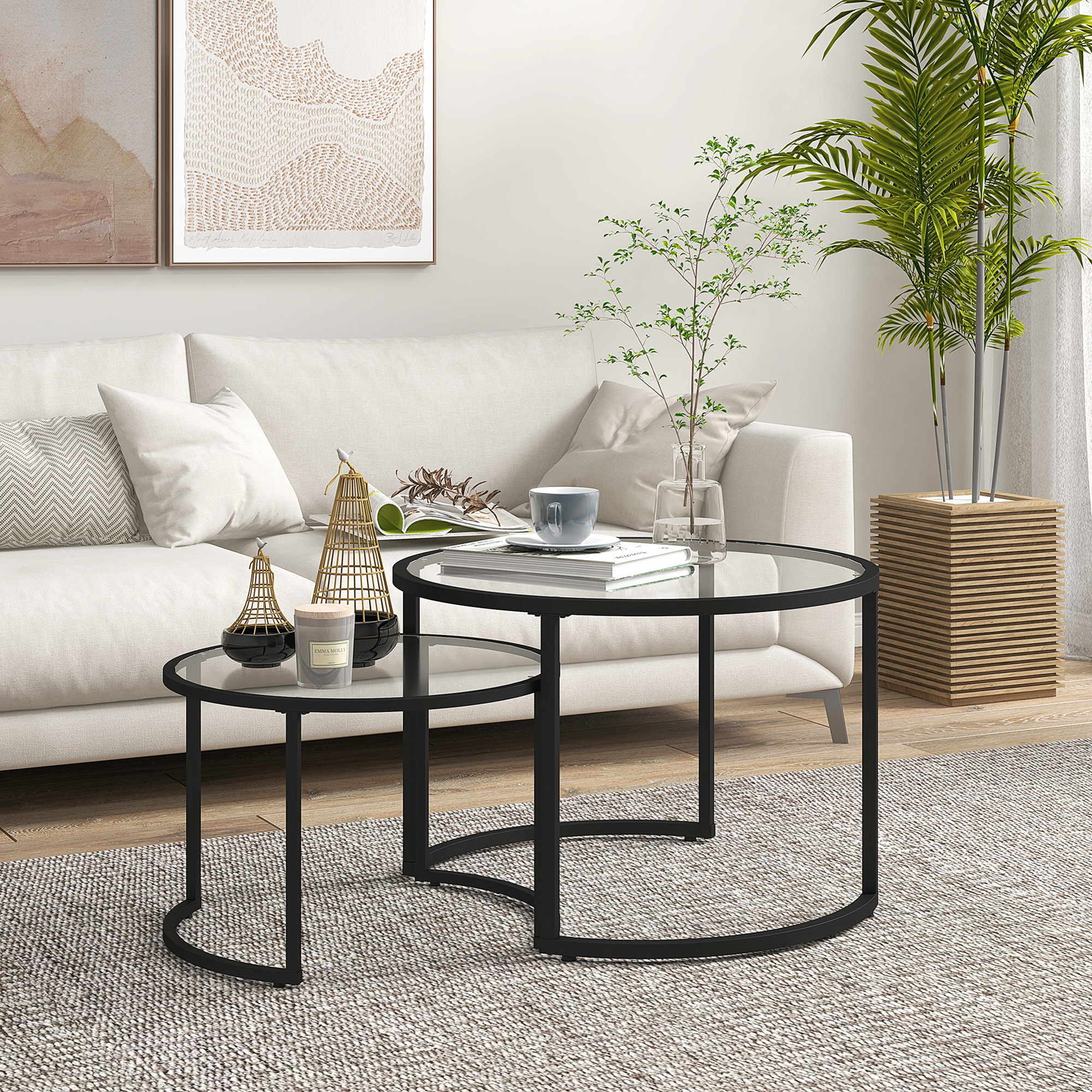 2-osaline abilaua komplekt, must, klaas, industriaalne disain, Ø70 / Ø54 cm