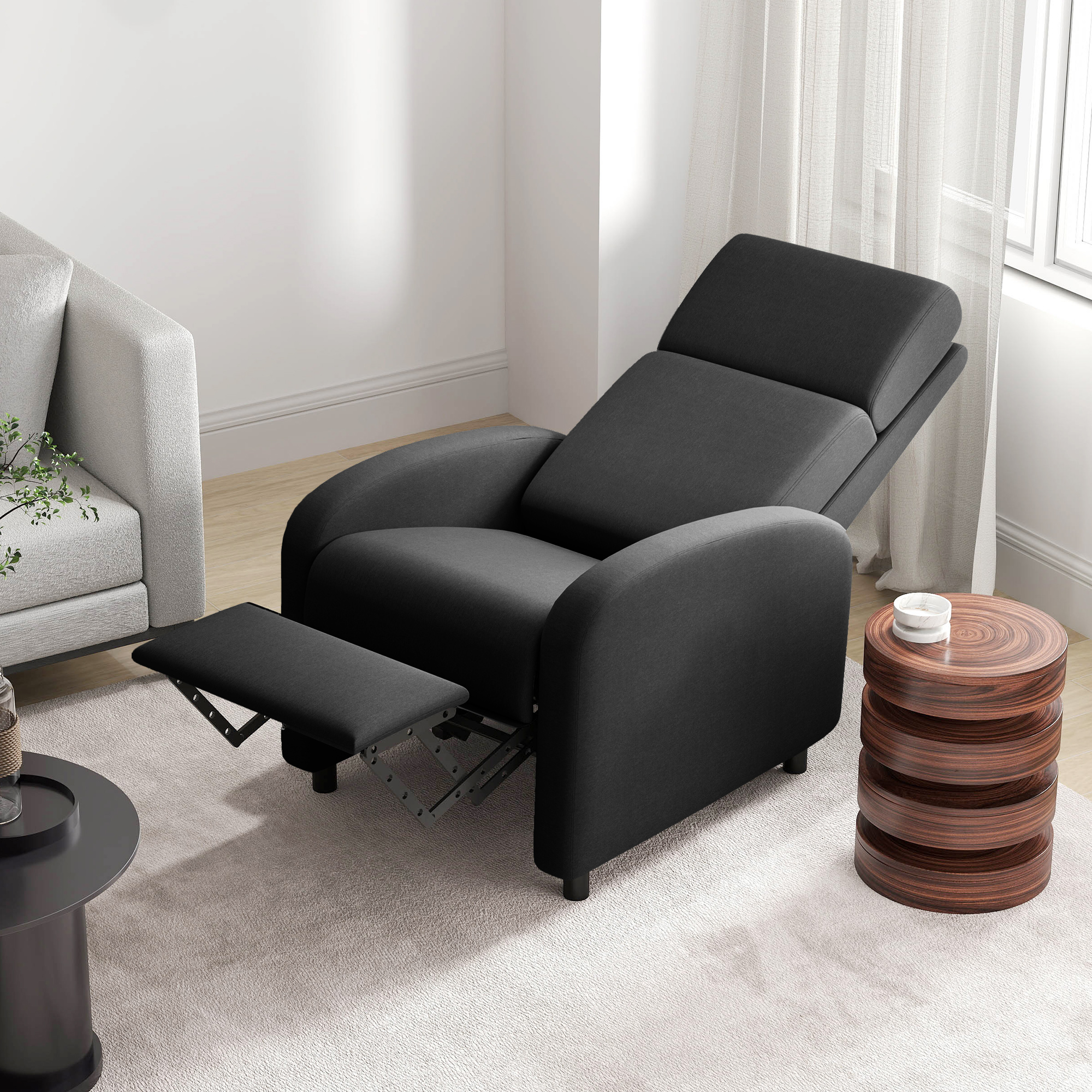 Relaxtugitool, televiisoritool lamamisfunktsiooniga, polsterdatud, must, 64 x 86 x 102 cm