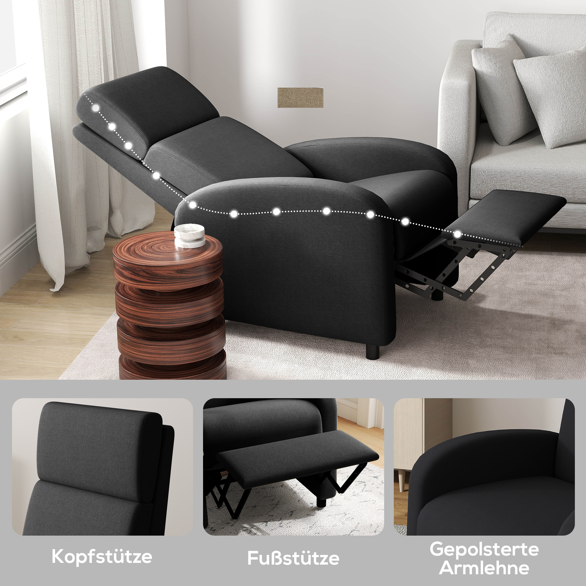 Relaxtugitool, televiisoritool lamamisfunktsiooniga, polsterdatud, must, 64 x 86 x 102 cm