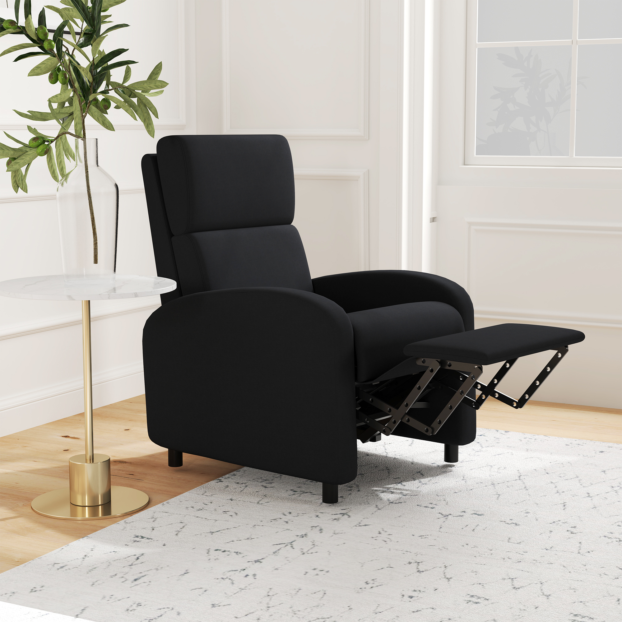 Relaxtugitool, televiisoritool lamamisfunktsiooniga, polsterdatud, must, 64 x 86 x 102 cm