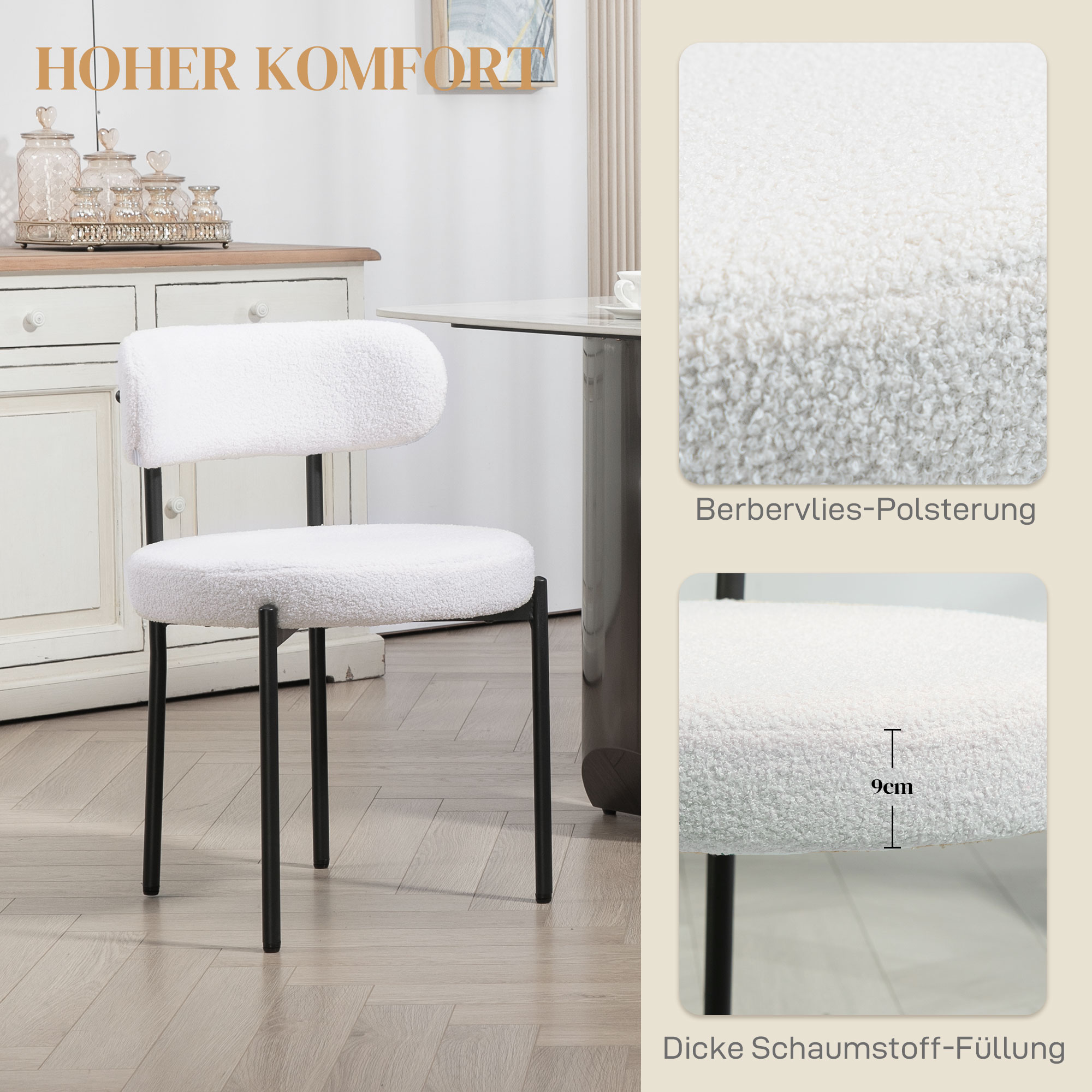 2 söögi tooli komplekt, fleece-kate, kreemvalge, metalljalad