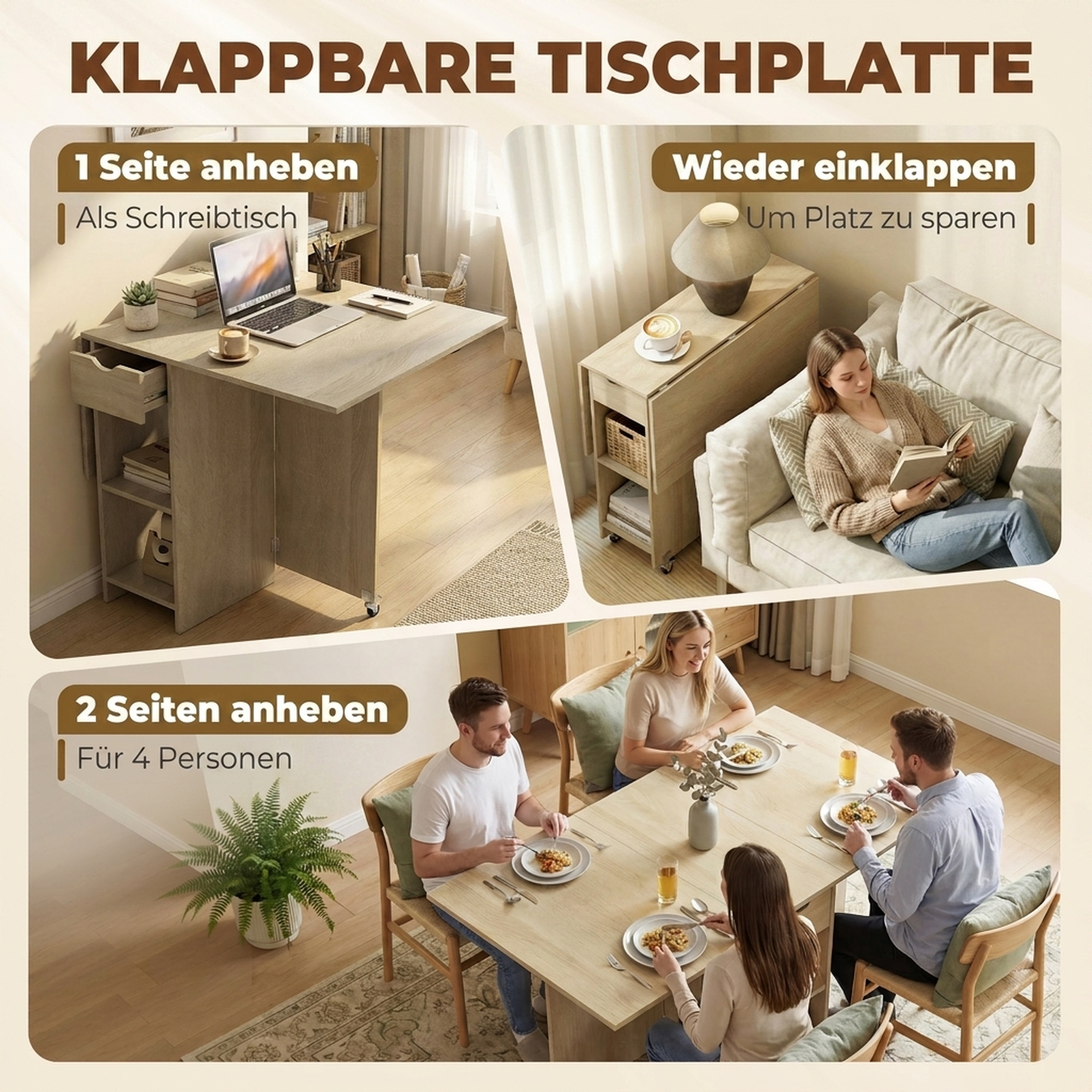 Kokkupandav söögilaud 2–4 inimesele, ratastel, avatud riiuli ja sahtliga, naturaalne