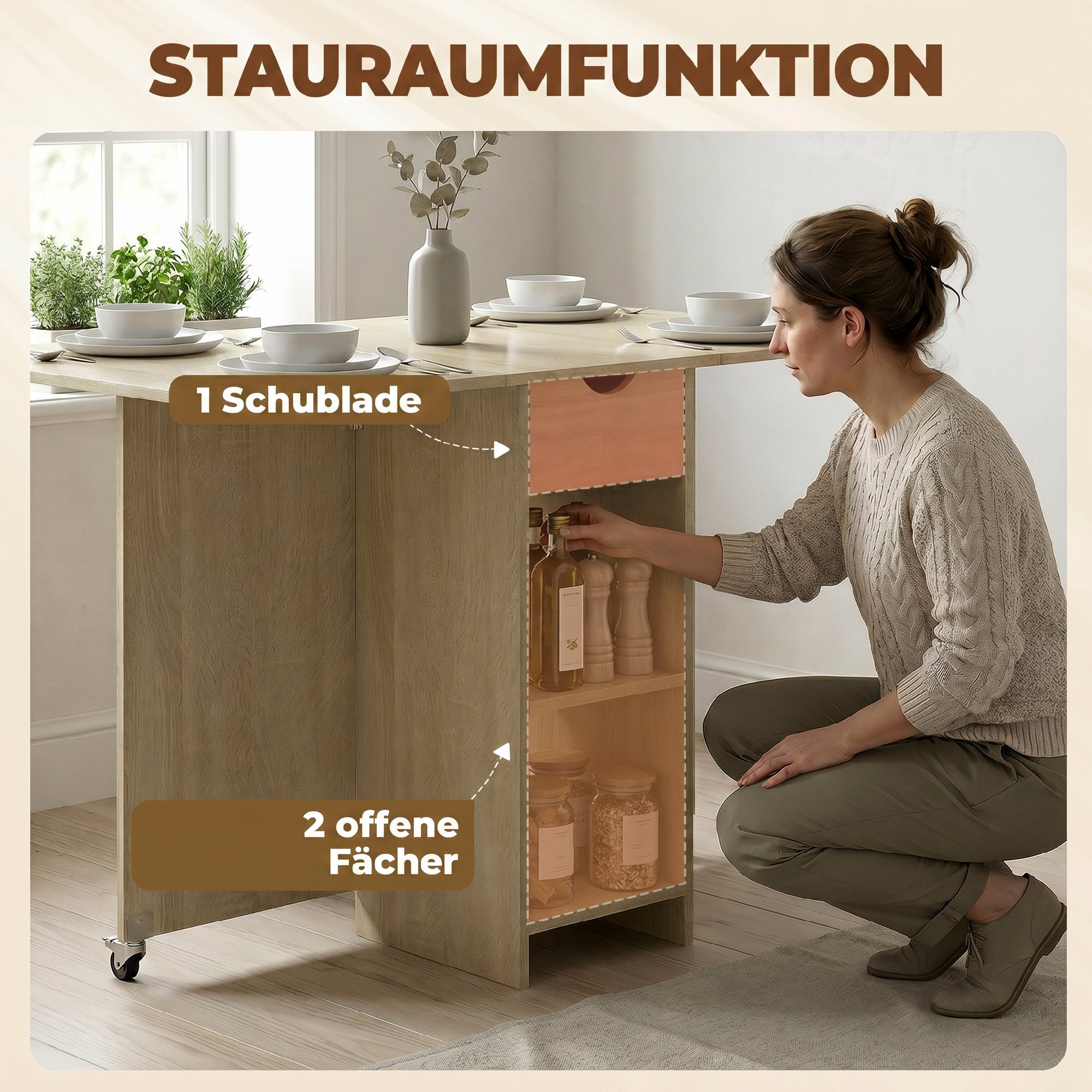 Kokkupandav söögilaud 2–4 inimesele, ratastel, avatud riiuli ja sahtliga, naturaalne