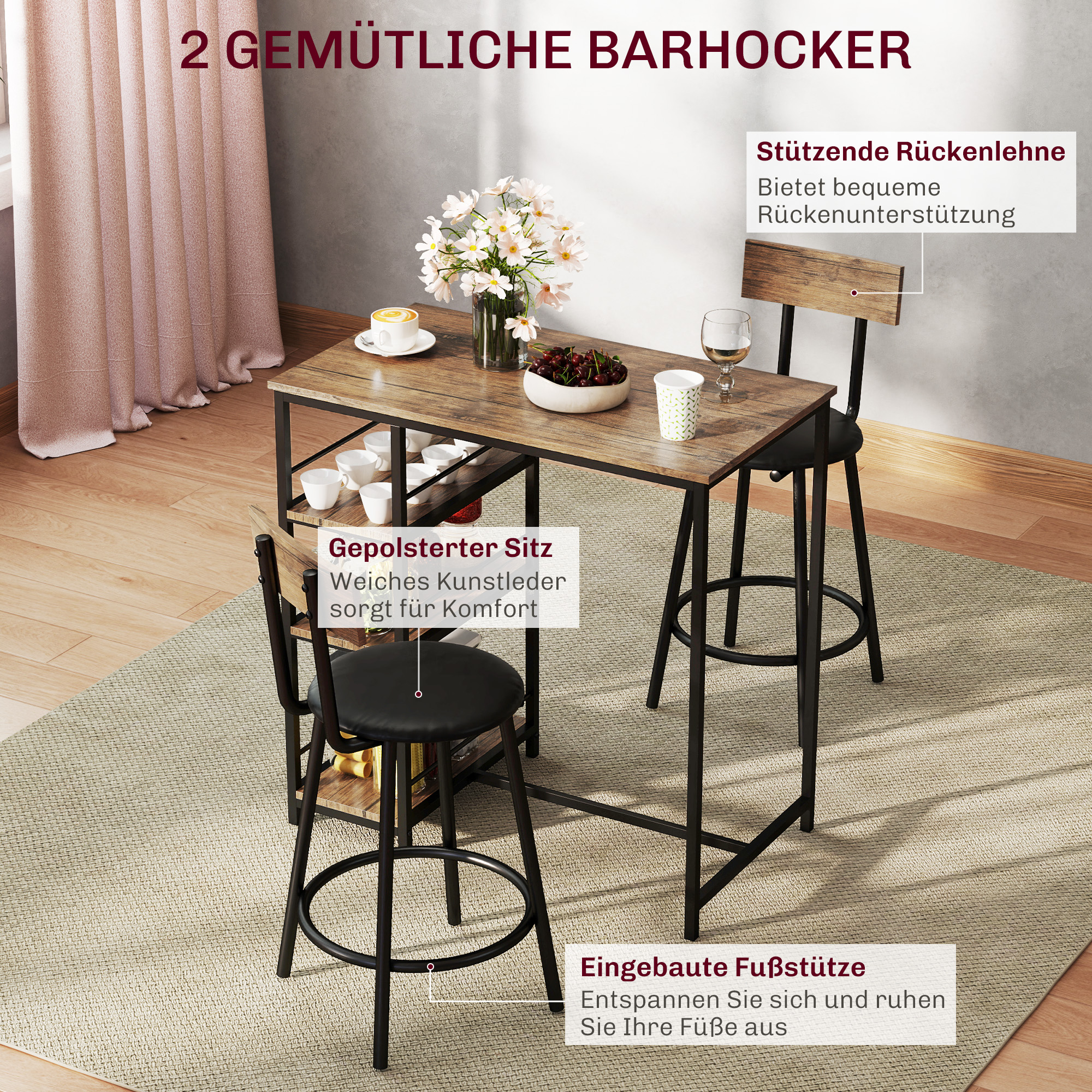 3-osaline baarilaua komplekt 2 tooliga, tammepuidu tooni, MDF, teras