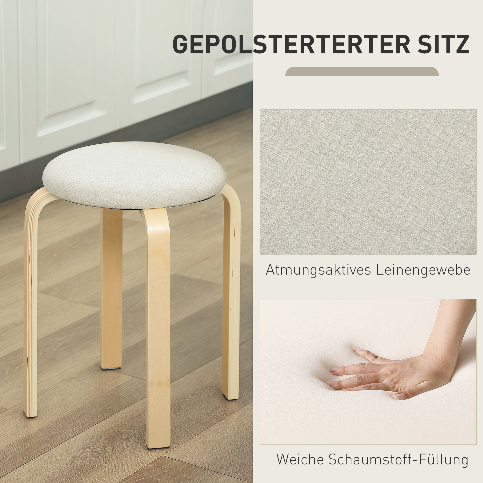 4-osaline virnastatavate taburetite komplekt, kreemvalge, 40 x 40 x 45 cm