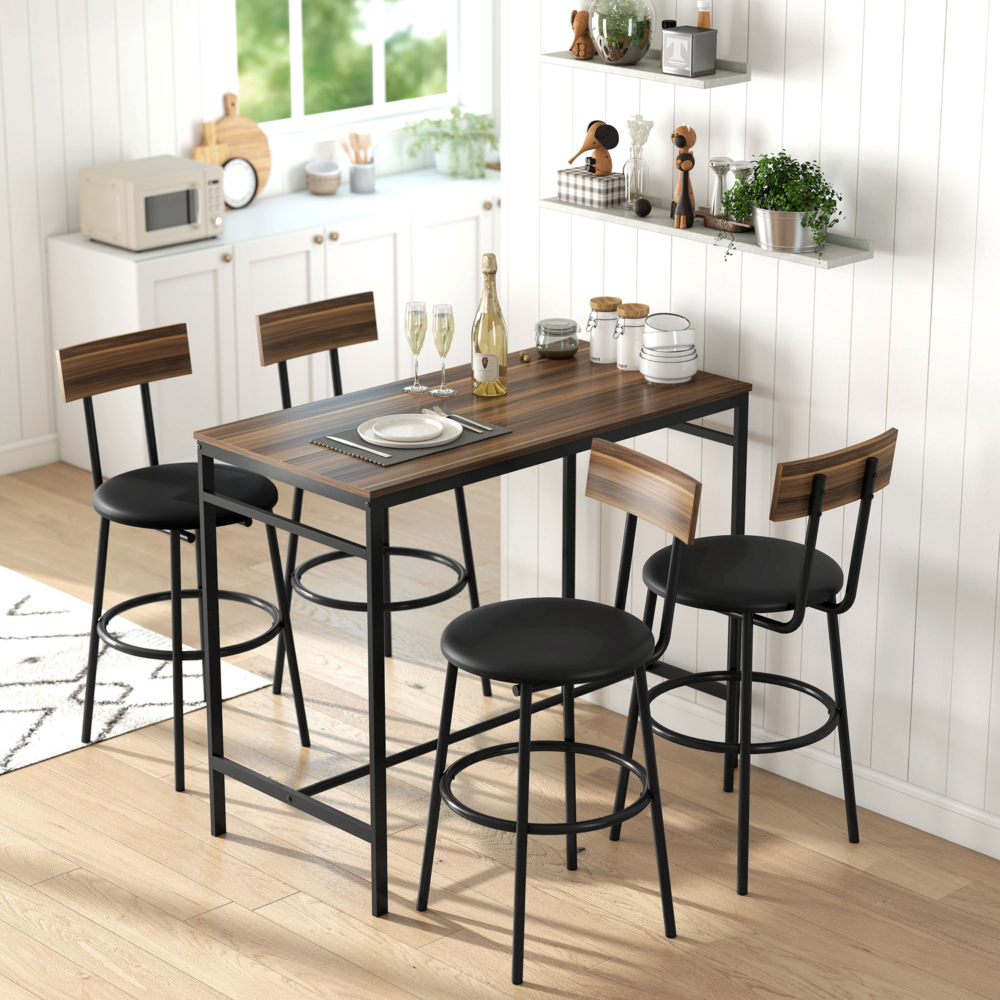 5-osaline baarilaua komplekt 4 tooliga, industriaalne disain, pruun, 110 x 55 x 90 cm