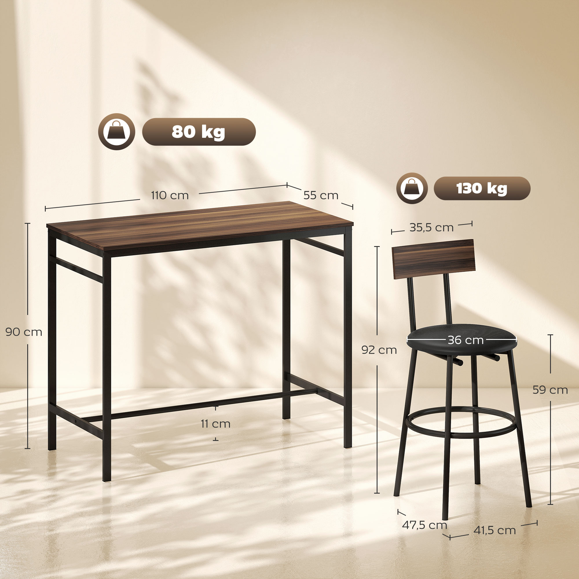 5-osaline baarilaua komplekt 4 tooliga, industriaalne disain, pruun, 110 x 55 x 90 cm