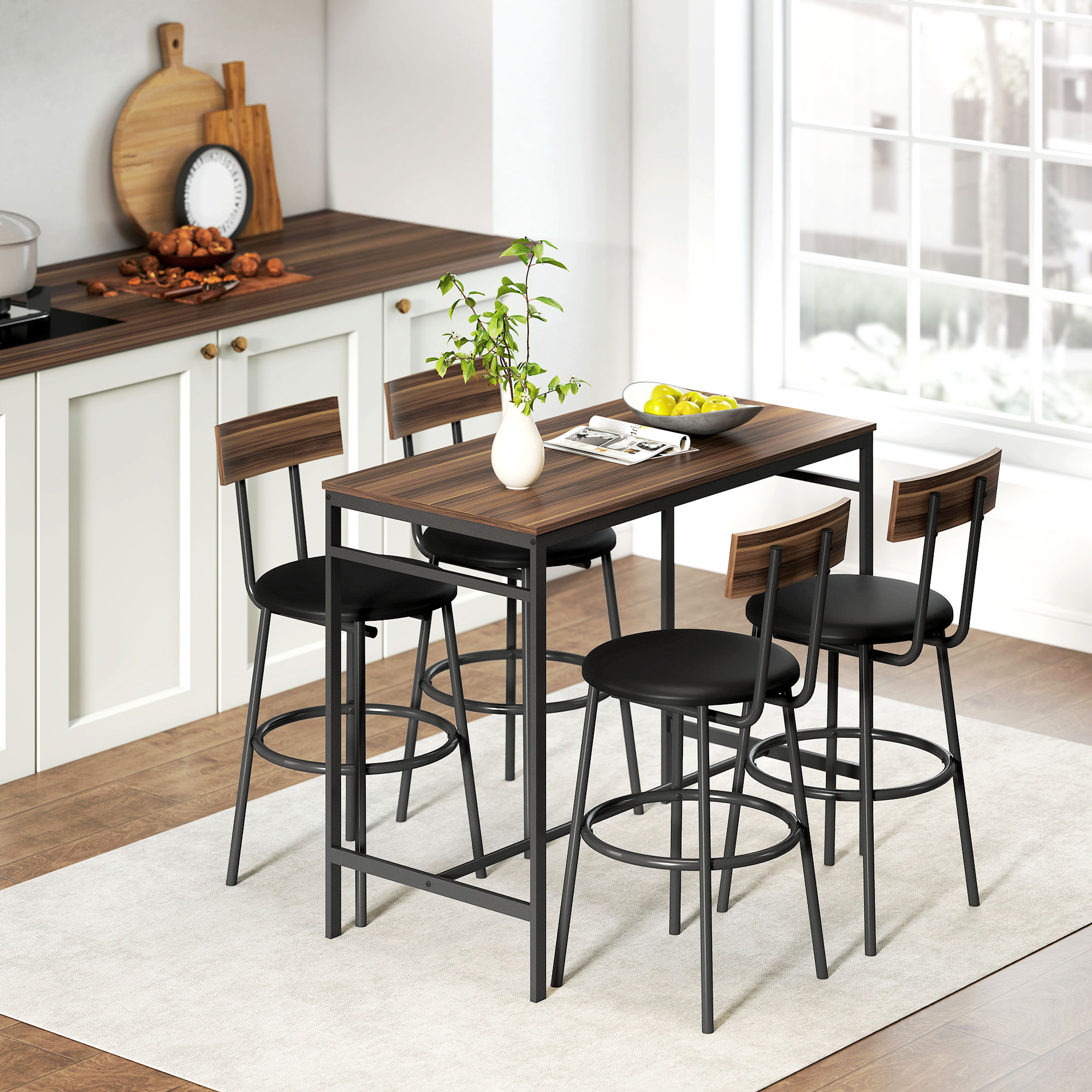 5-osaline baarilaua komplekt 4 tooliga, industriaalne disain, pruun, 110 x 55 x 90 cm