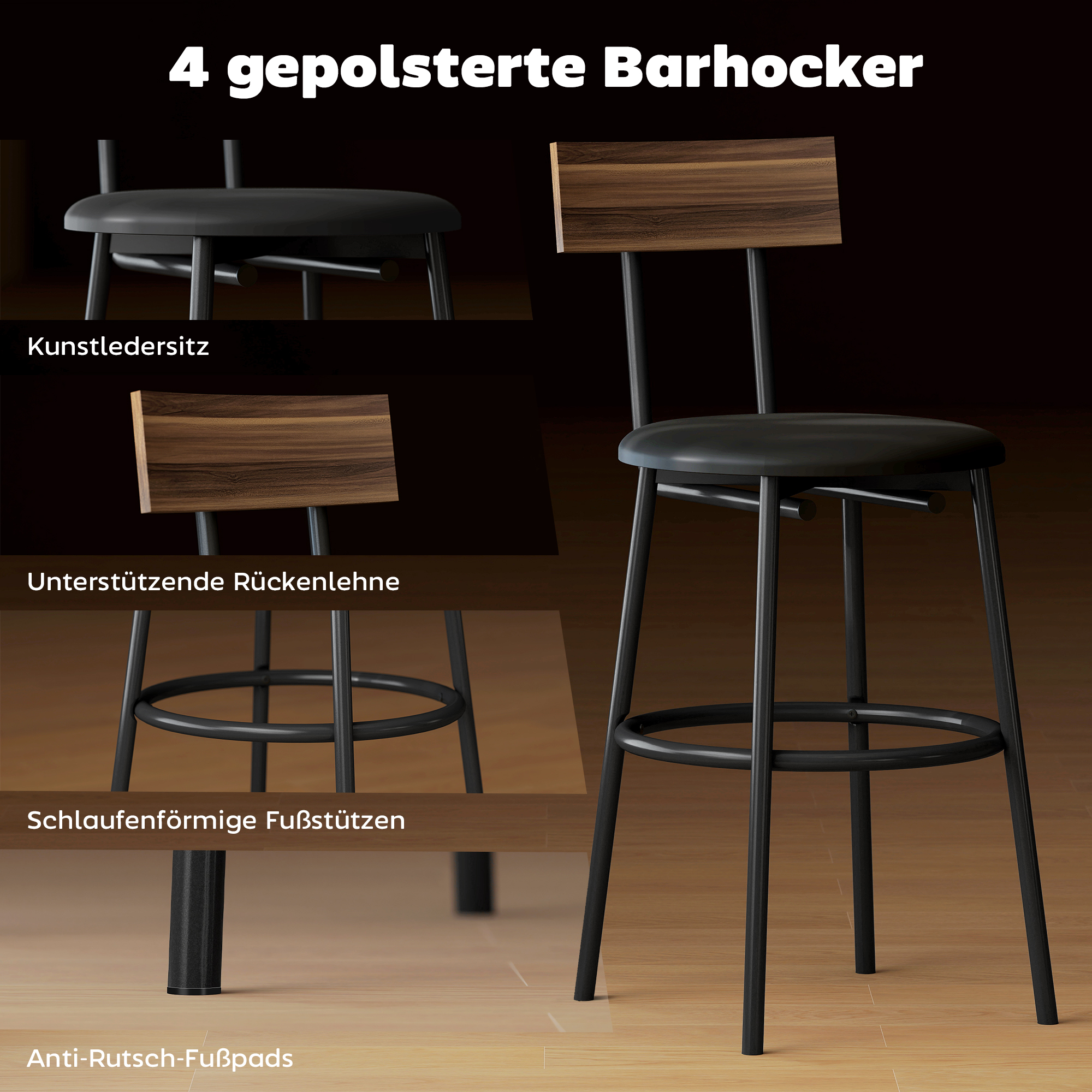 5-osaline baarilaua komplekt 4 tooliga, industriaalne disain, pruun, 110 x 55 x 90 cm