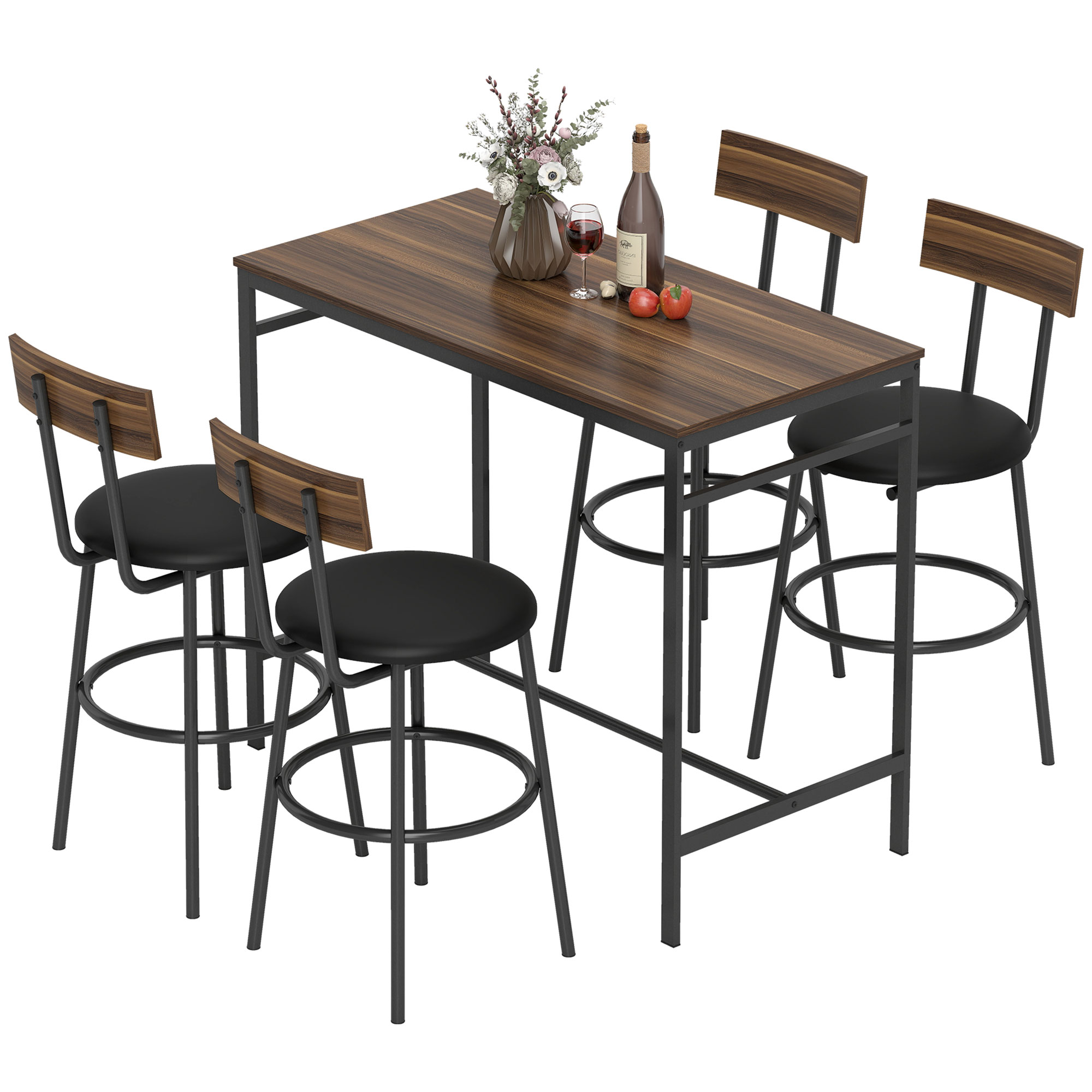 5-osaline baarilaua komplekt 4 tooliga, industriaalne disain, pruun, 110 x 55 x 90 cm