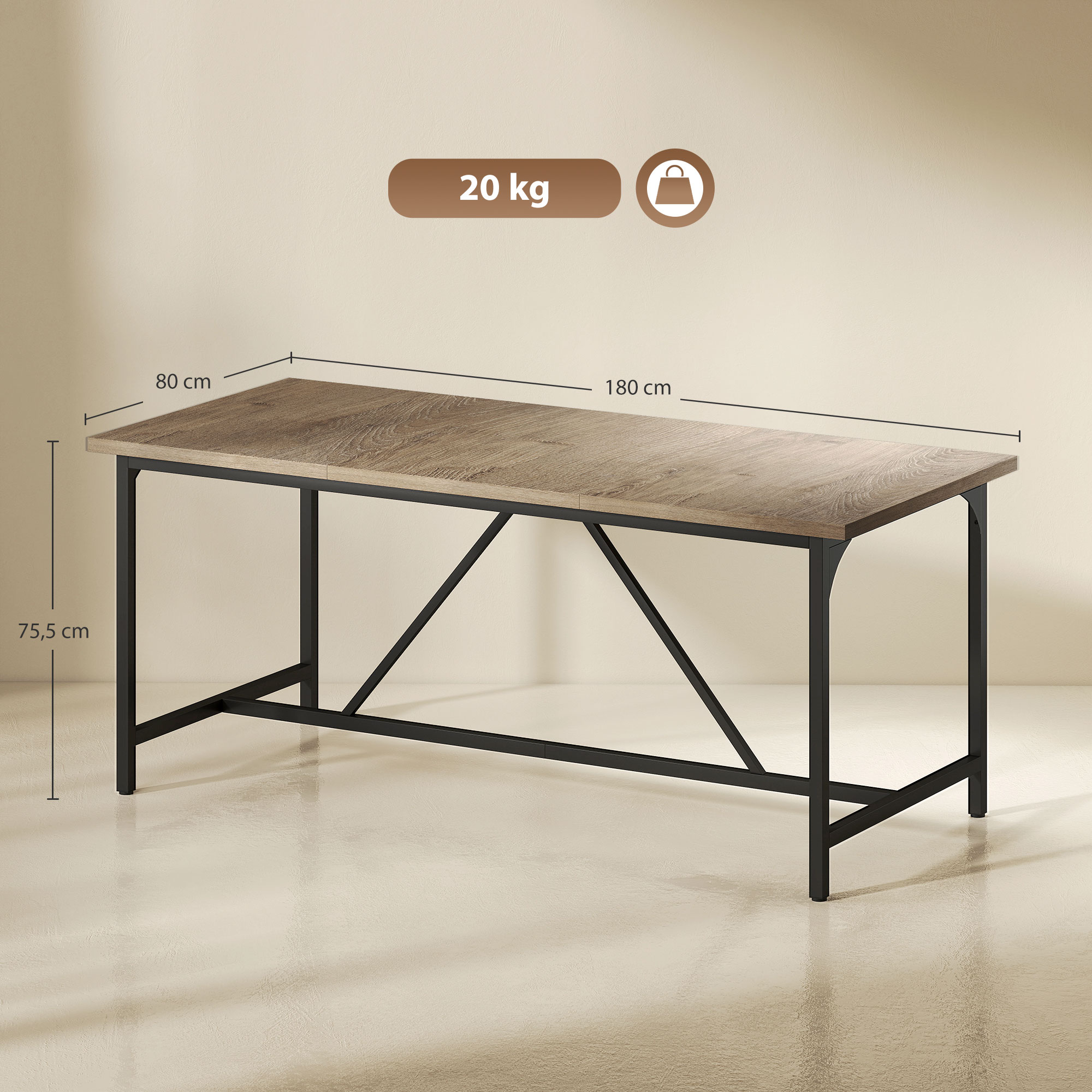 Söögilaud 6-8 inimesele, puiduimitatsiooniga, 180 x 80 x 75,5 cm, naturaalne