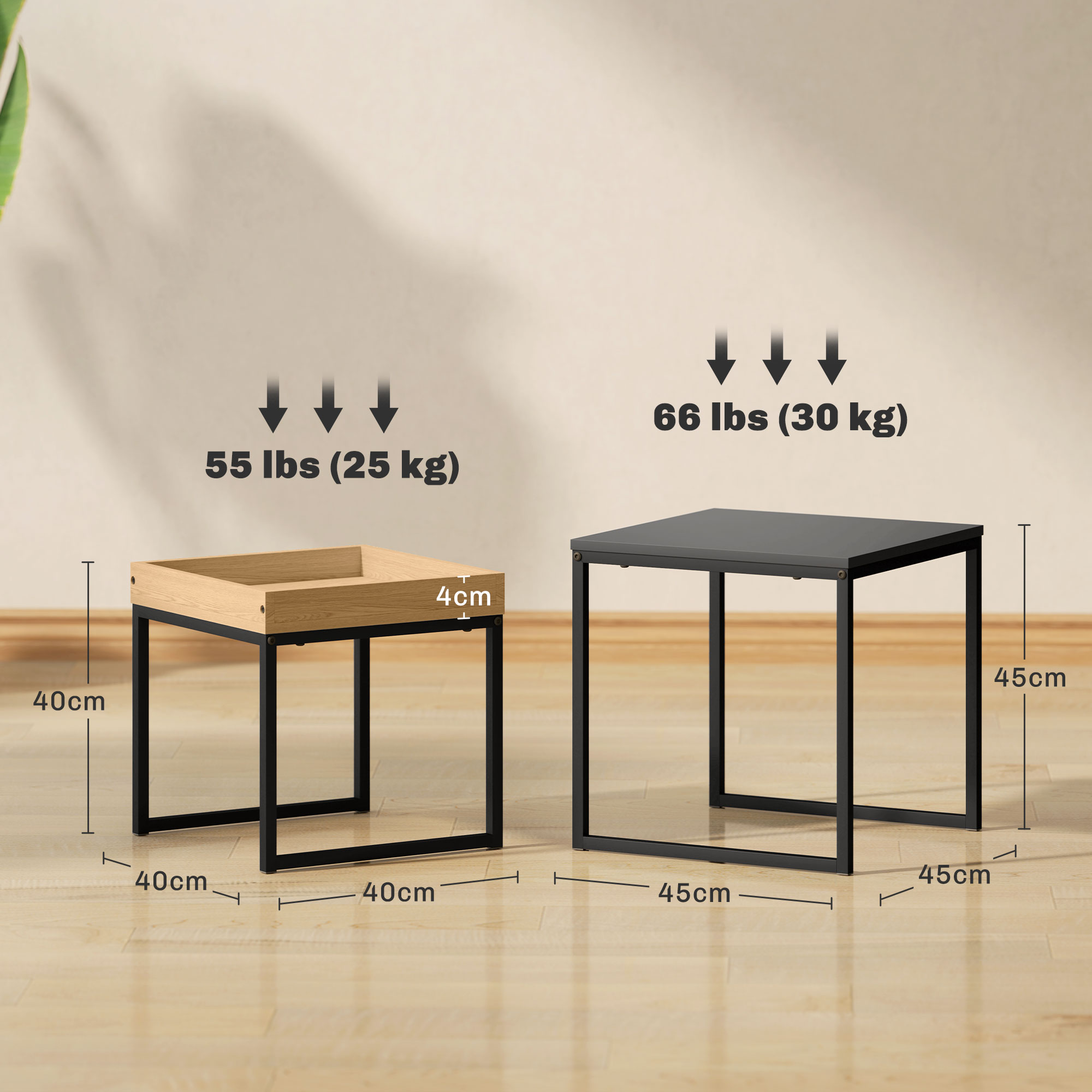 Moodne kohvilaudade 2-osaline komplekt, must, MDF, teras, 45 x 45 x 45 cm ja 40 x 40 x 40 cm