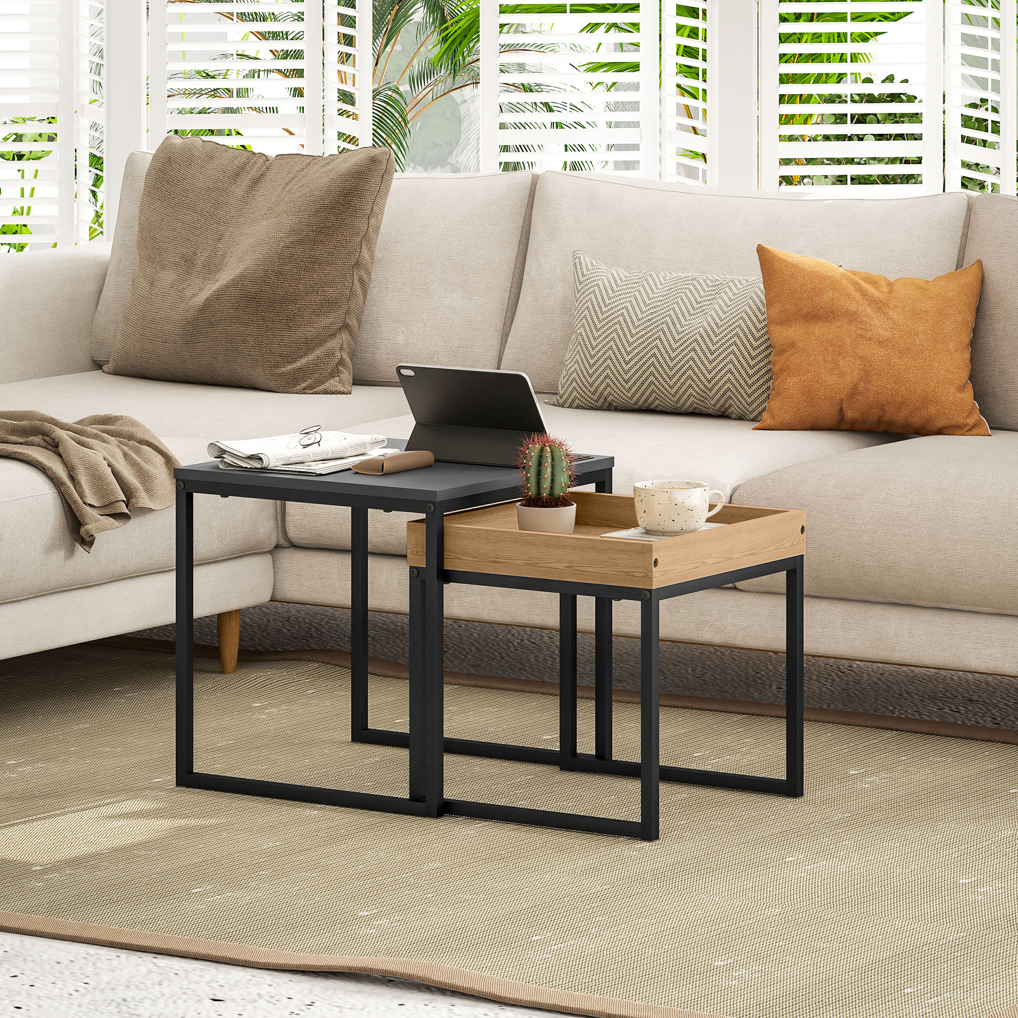 Moodne kohvilaudade 2-osaline komplekt, must, MDF, teras, 45 x 45 x 45 cm ja 40 x 40 x 40 cm