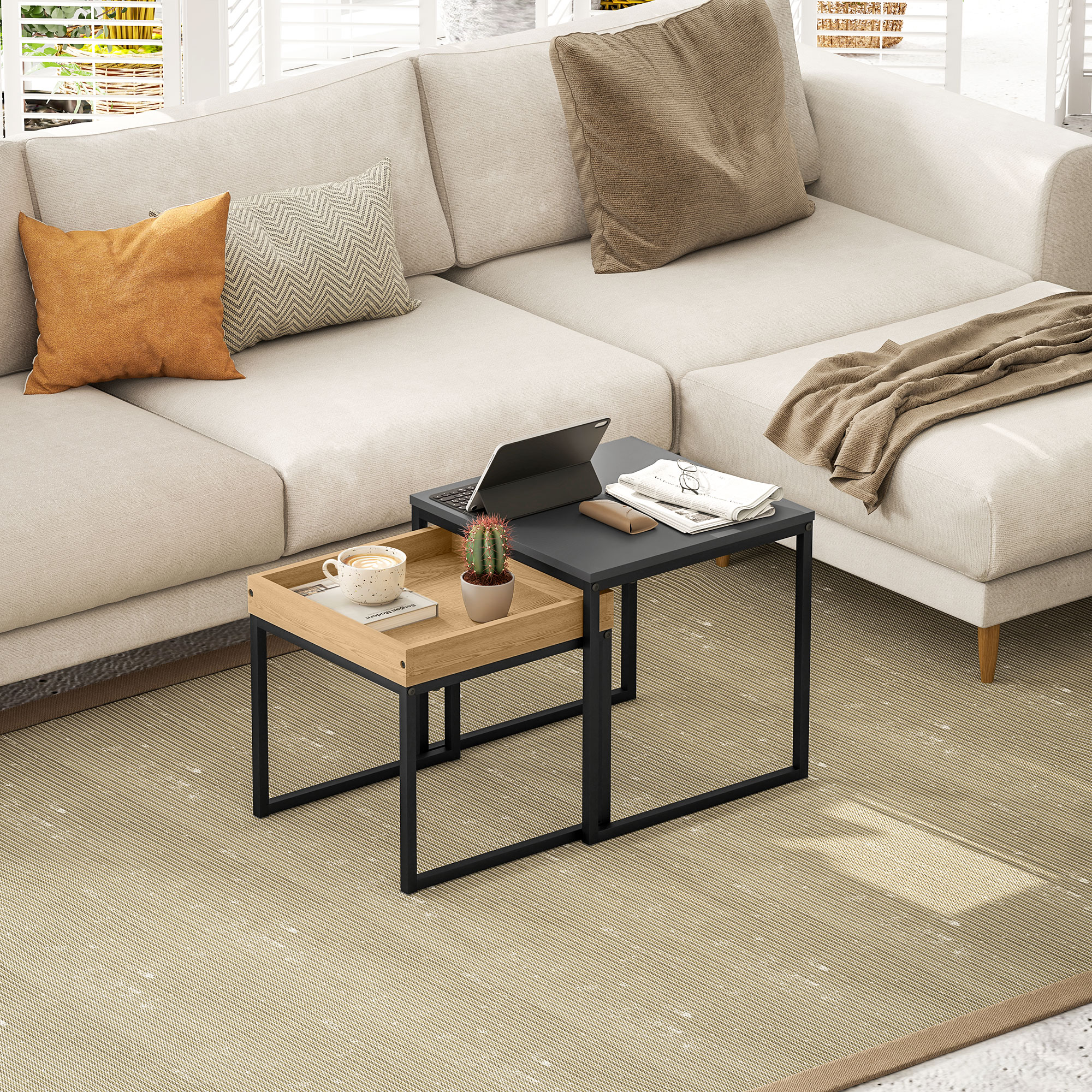 Moodne kohvilaudade 2-osaline komplekt, must, MDF, teras, 45 x 45 x 45 cm ja 40 x 40 x 40 cm
