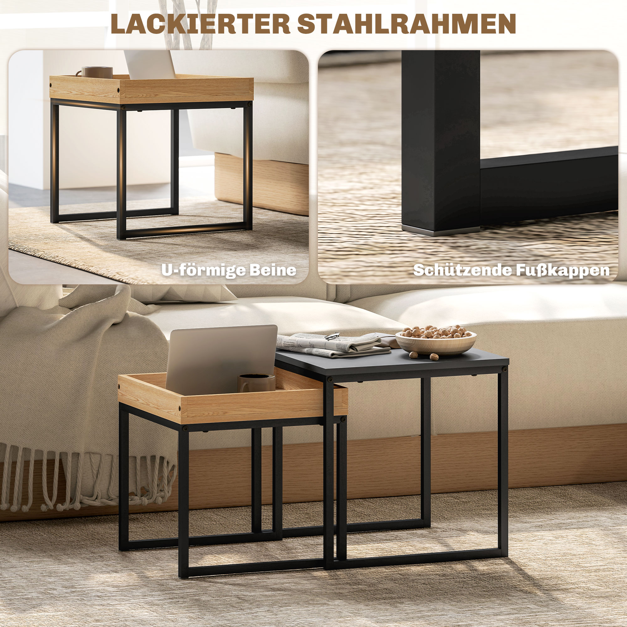 Moodne kohvilaudade 2-osaline komplekt, must, MDF, teras, 45 x 45 x 45 cm ja 40 x 40 x 40 cm