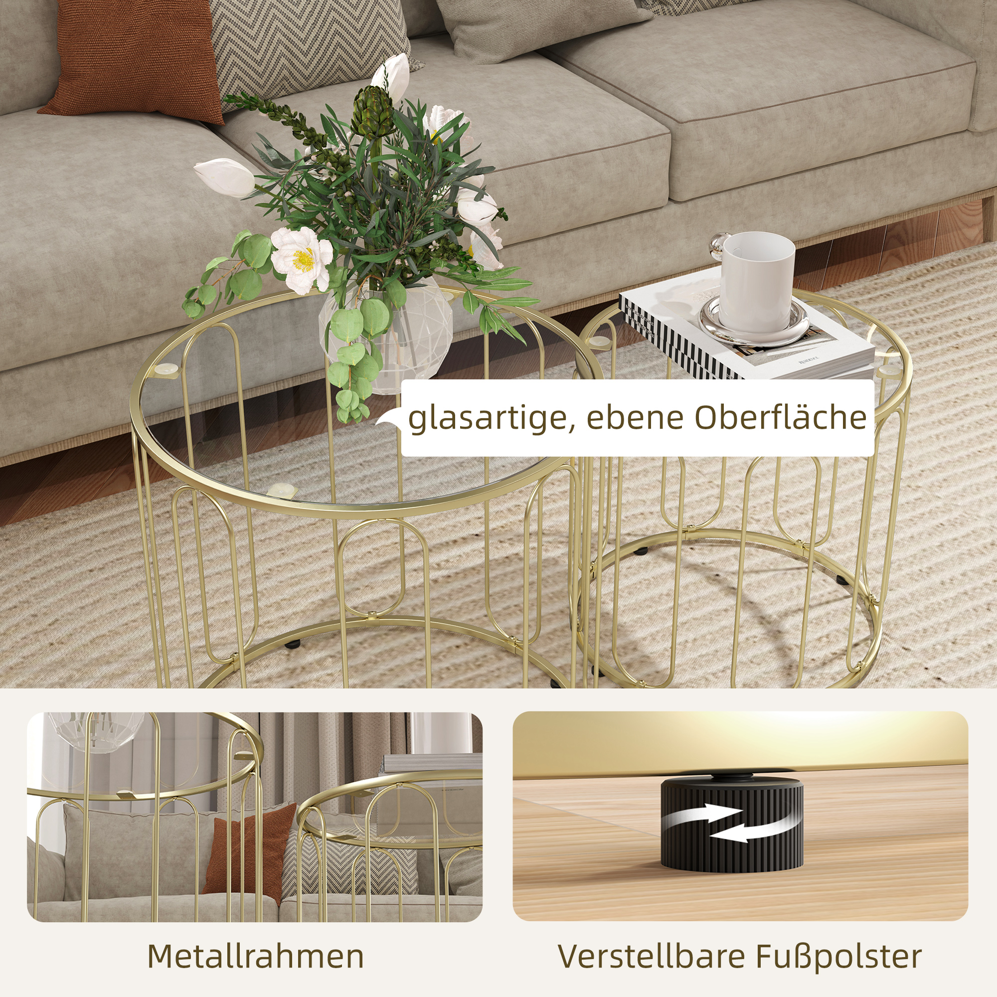 2-osaline klaasist diivanilaudade komplekt, üksteise sisse lükatav, metallraam, kuldne
