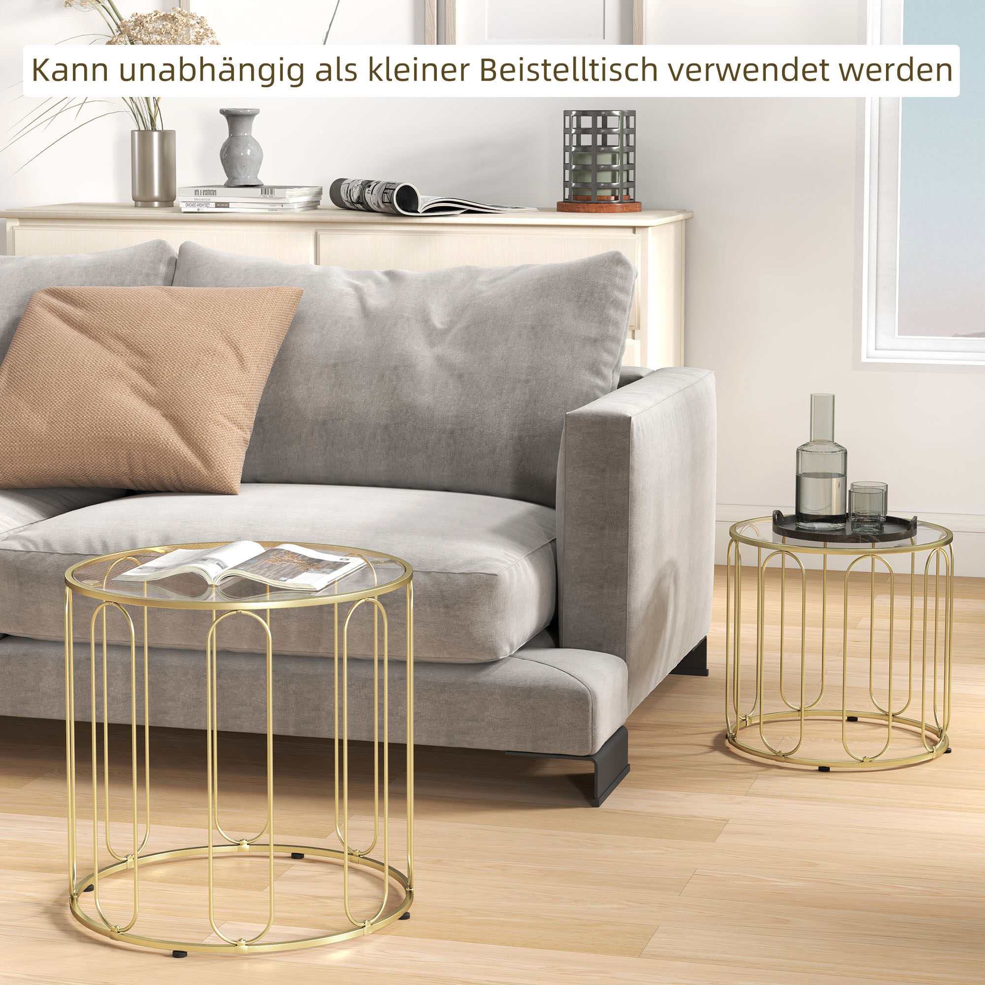 2-osaline klaasist diivanilaudade komplekt, üksteise sisse lükatav, metallraam, kuldne