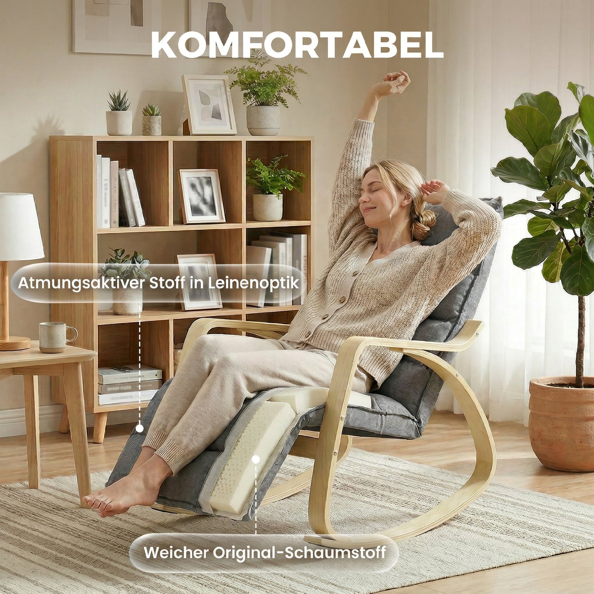 Kiiktool reguleeritava jalatoega, polsterdatud puhketool, hall