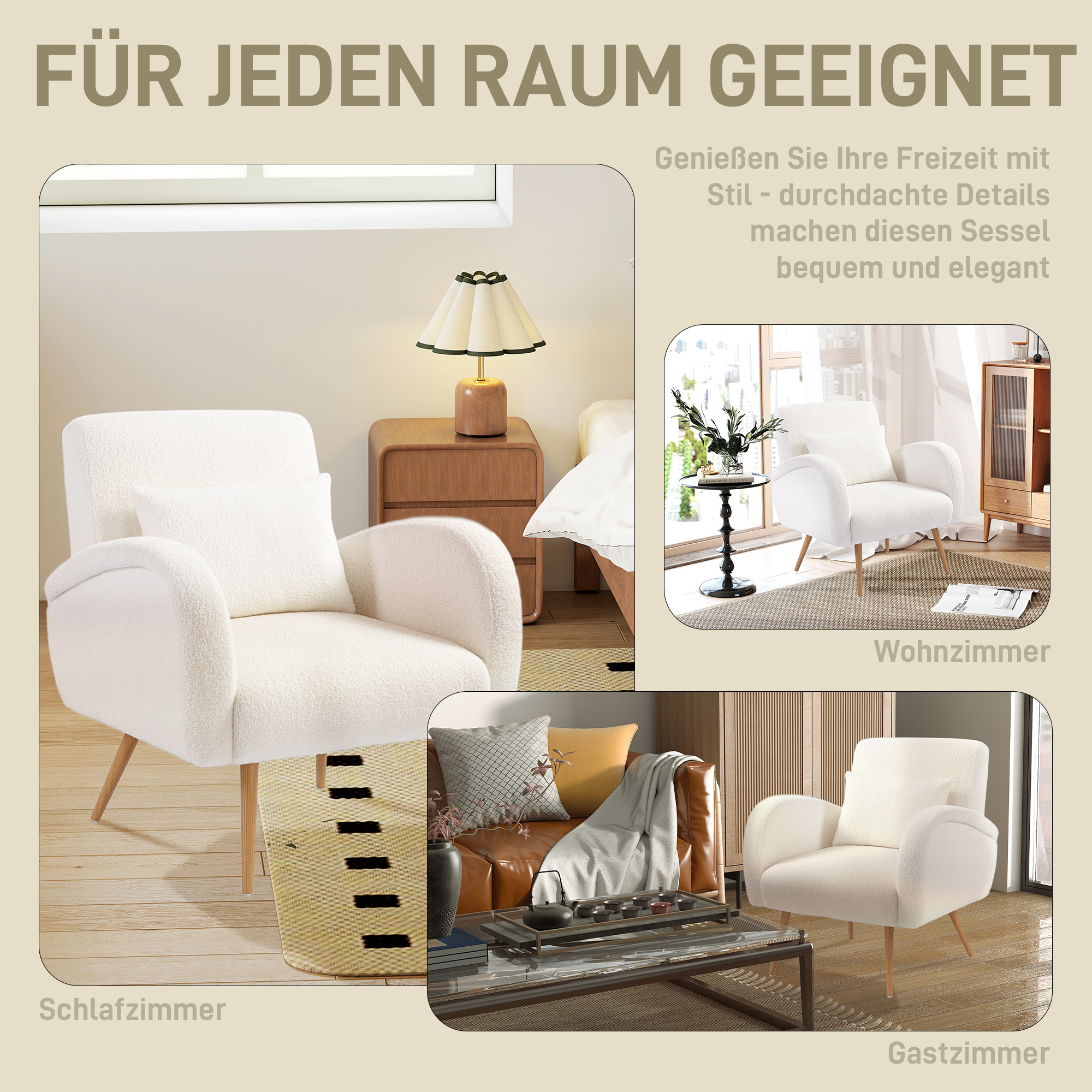 Polsterdatud tugitool, teddyfliisist kate, nimmelambaga, metalljalad, kreemvalge, 77 x 77 x 83 cm