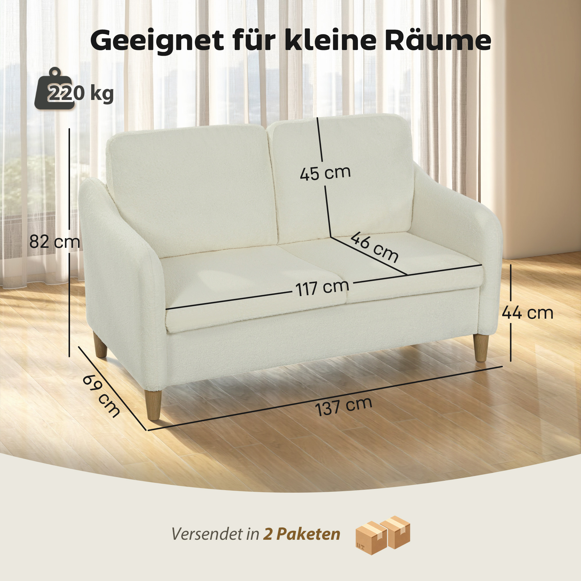 2-kohaline diivan Sherpa-fliisilaadse kattega, kreemvalge, 137 cm