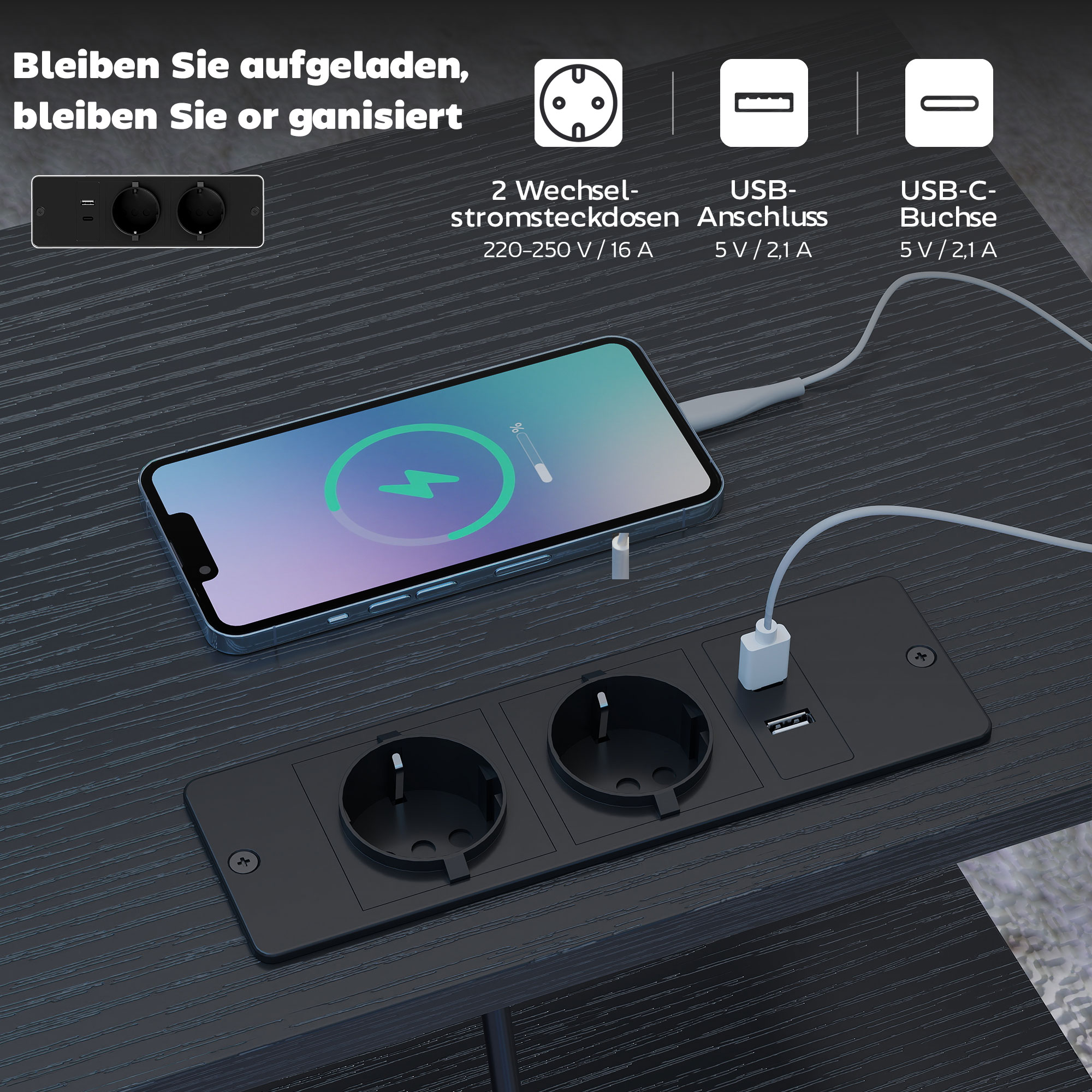 Külglaud laadimisjaamaga, terasraam, USB-C ühendused, sahtlid, konksud, 40 x 30 x 60 cm, must