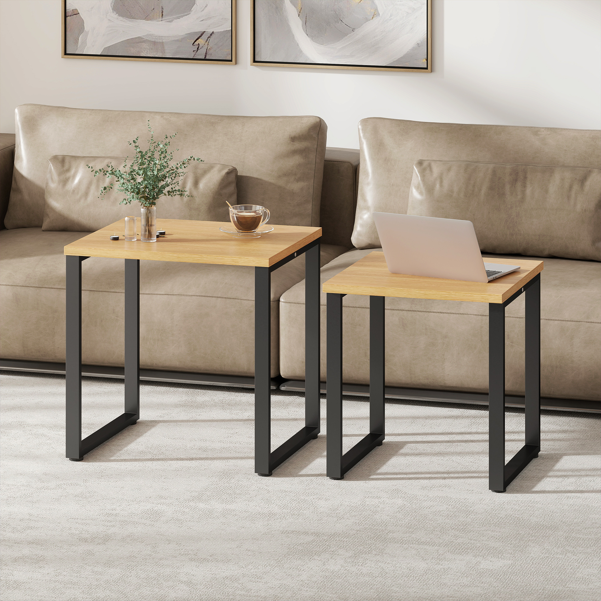 2-osaline kohvilaudade komplekt, naturaalne puit ja must, metallraam