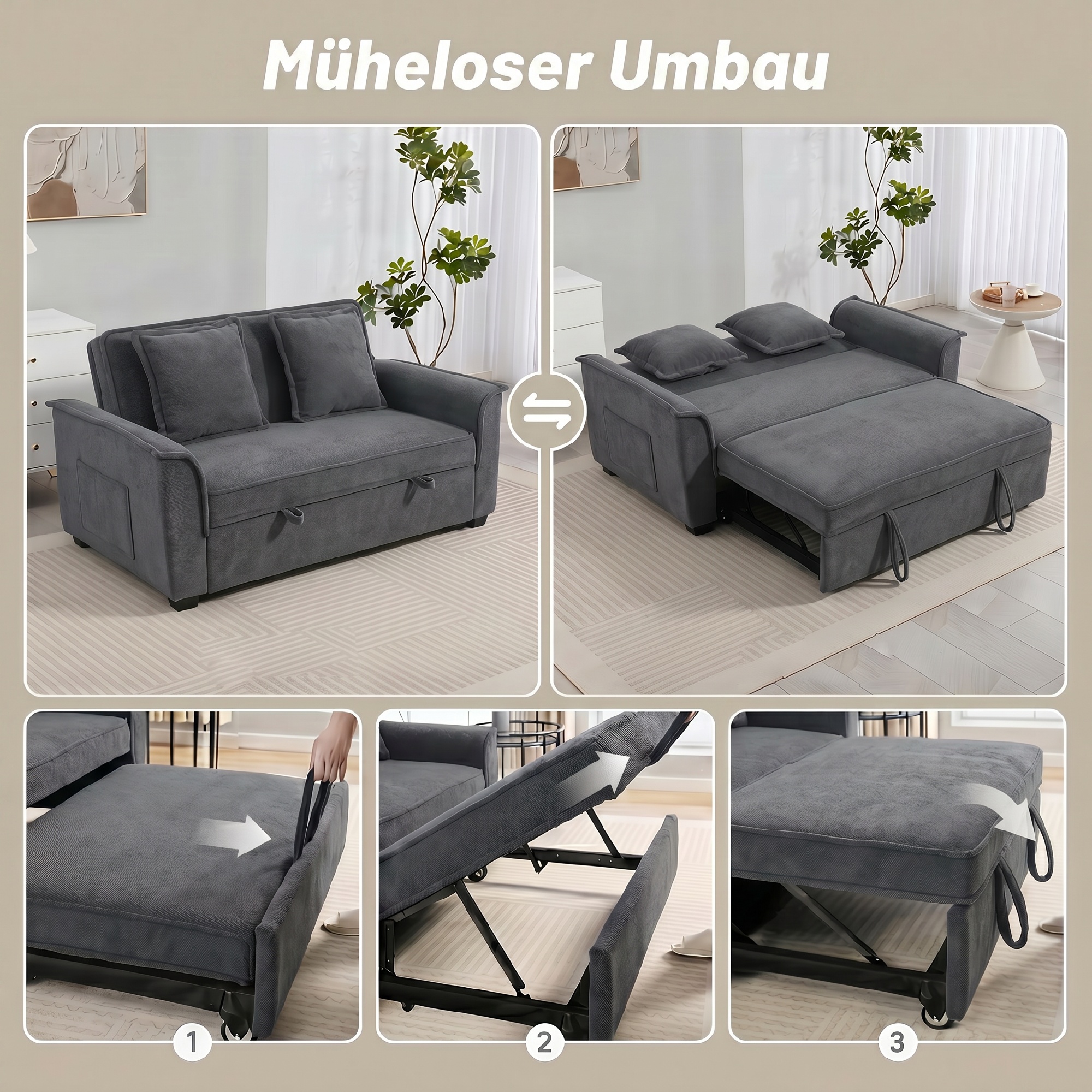 Futonsohva-voodi, reguleeritav seljatugi, 2-kohaline, 2 padjaga, tumehall
