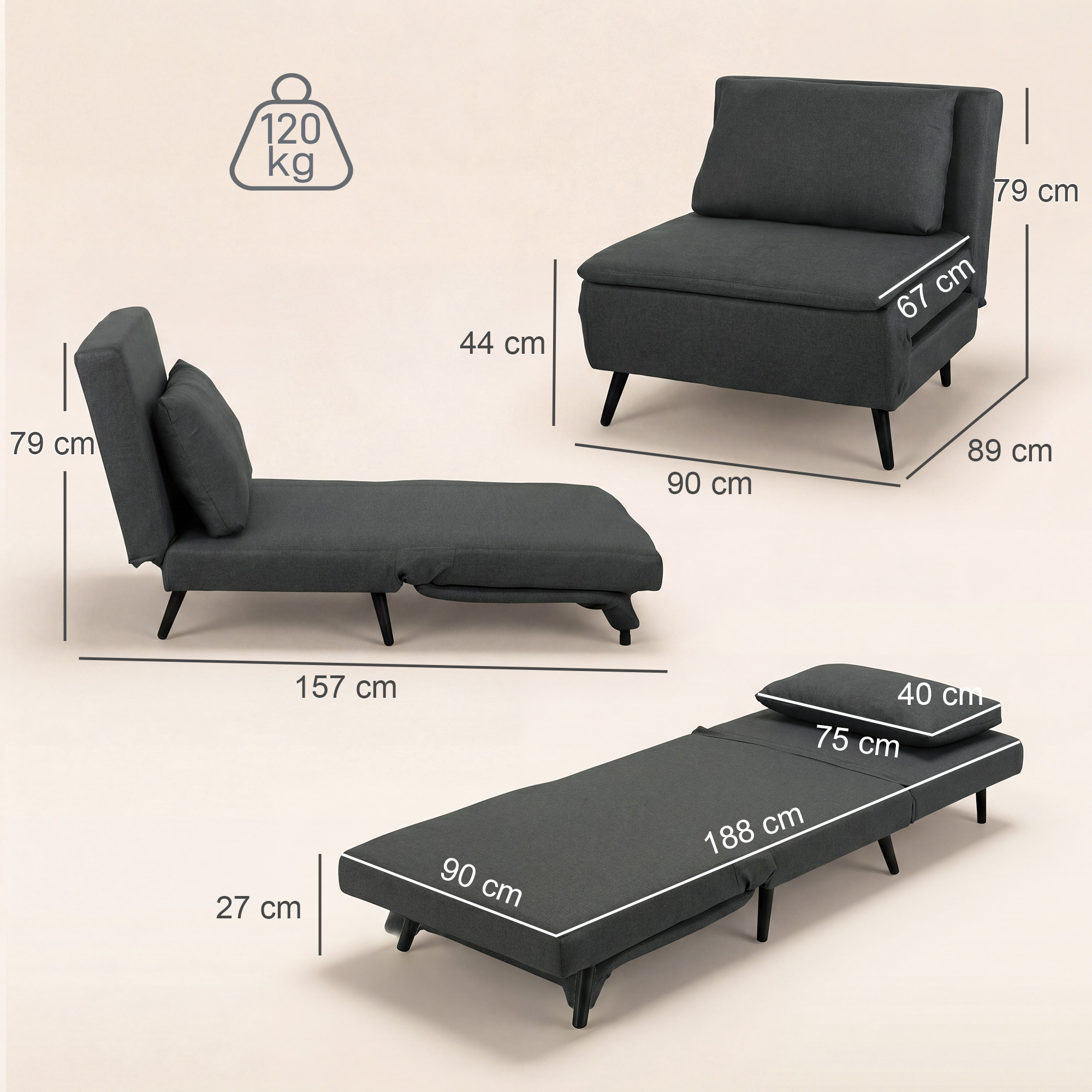 Magamiskrėsel 3-in-1, kokkupandav linase efekti, tumehall, 120 kg