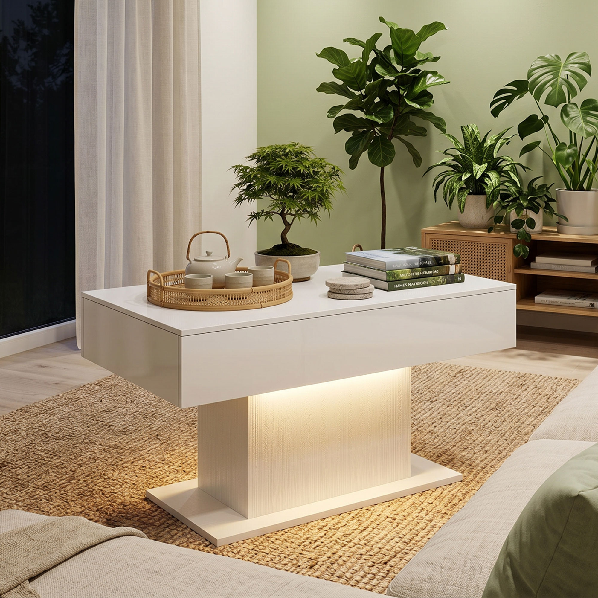 LED kohvilaud hoiuruumiga, kõrgläikega, modernne, 2 sahtlit, valge