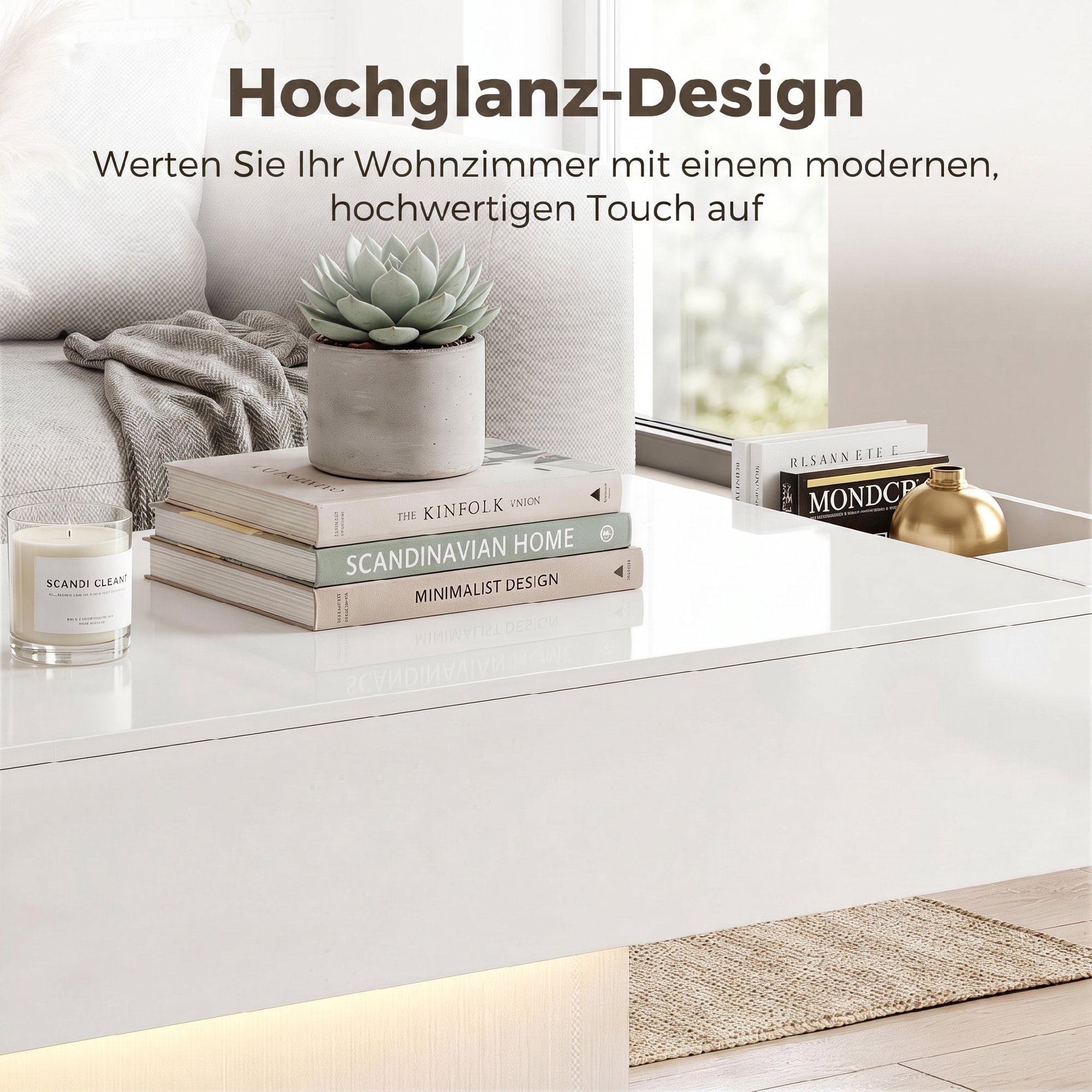 LED kohvilaud hoiuruumiga, kõrgläikega, modernne, 2 sahtlit, valge