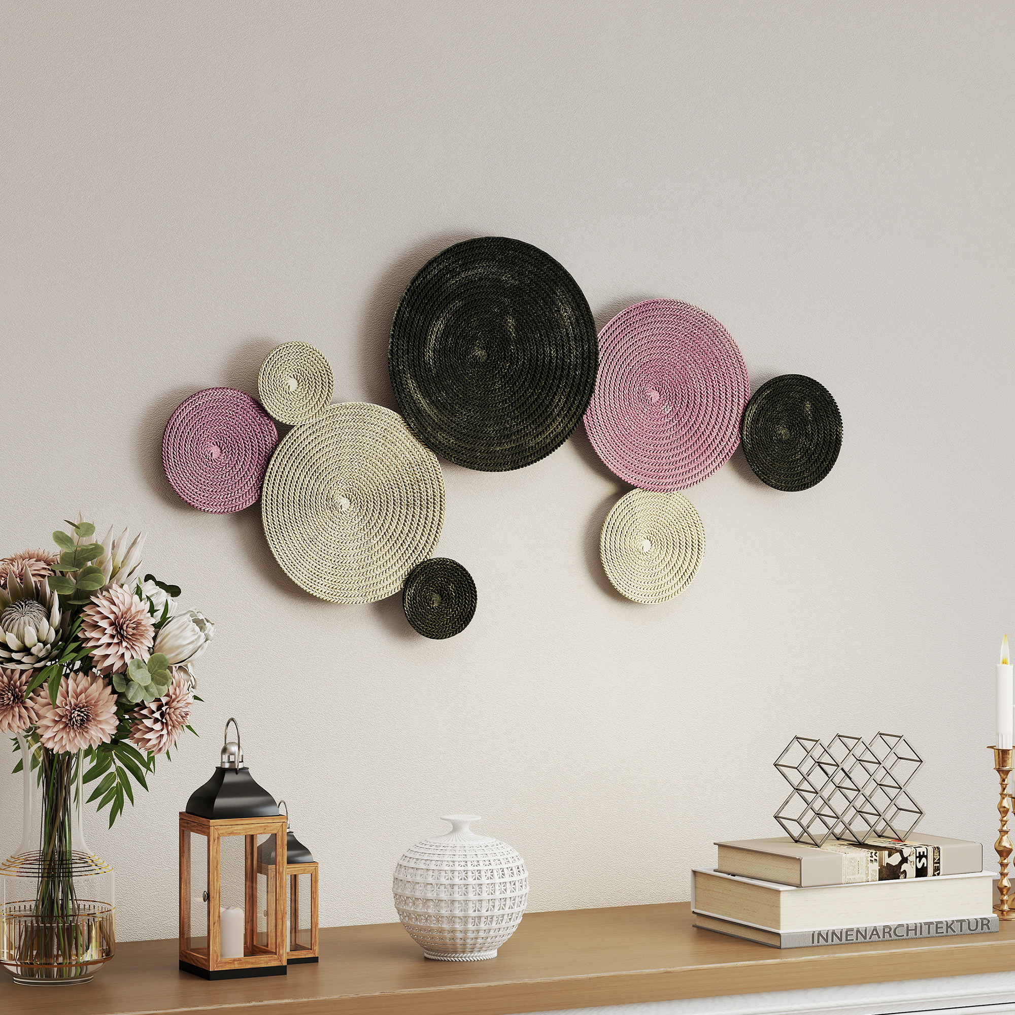 Seinakaunistuse komplekt, 8 metallketast, pronks, oranž, kollane, 110 x 58 x 7 cm