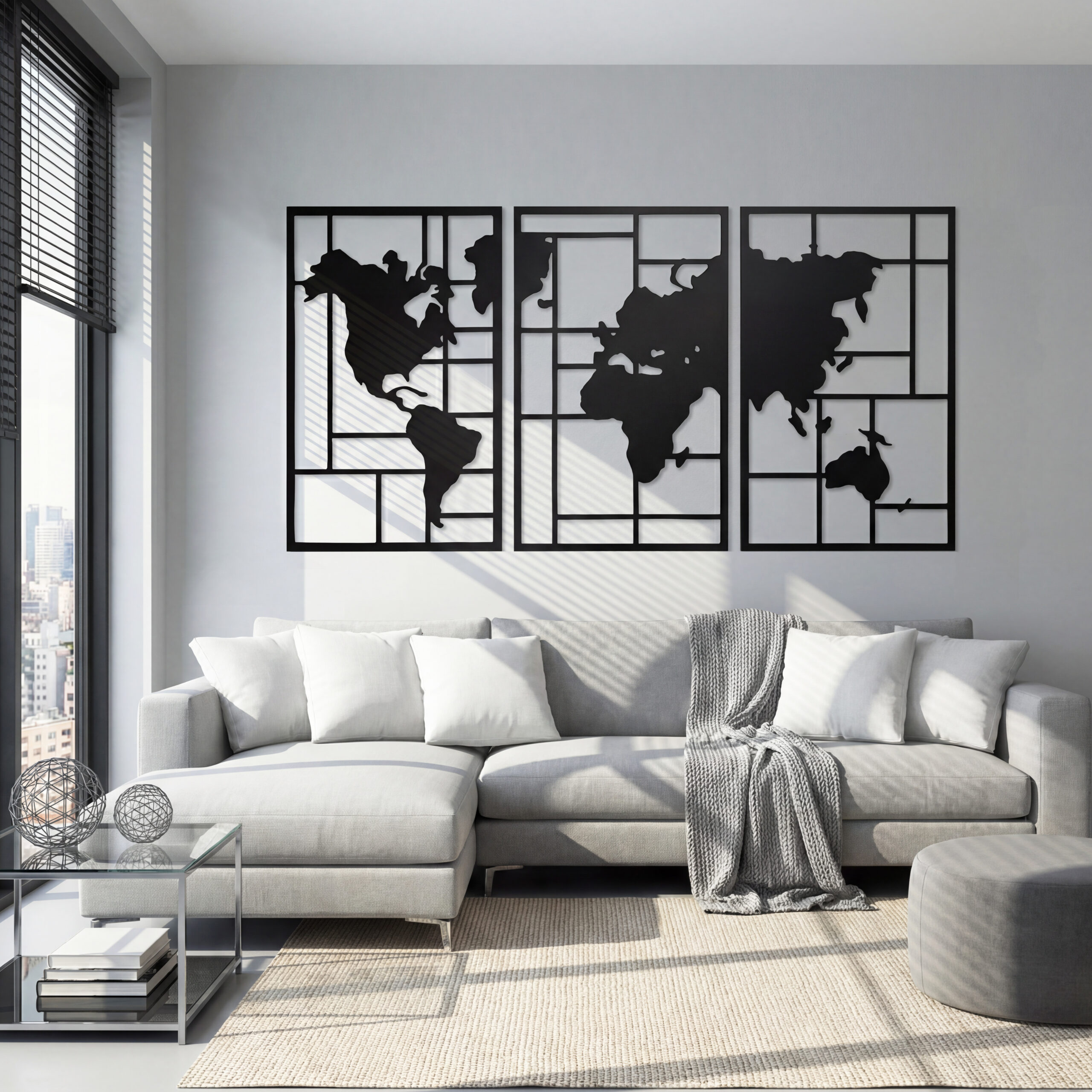 3-osaline metallist seinakaunistus maailmakaardi motiiviga, must, 150 x 80 cm
