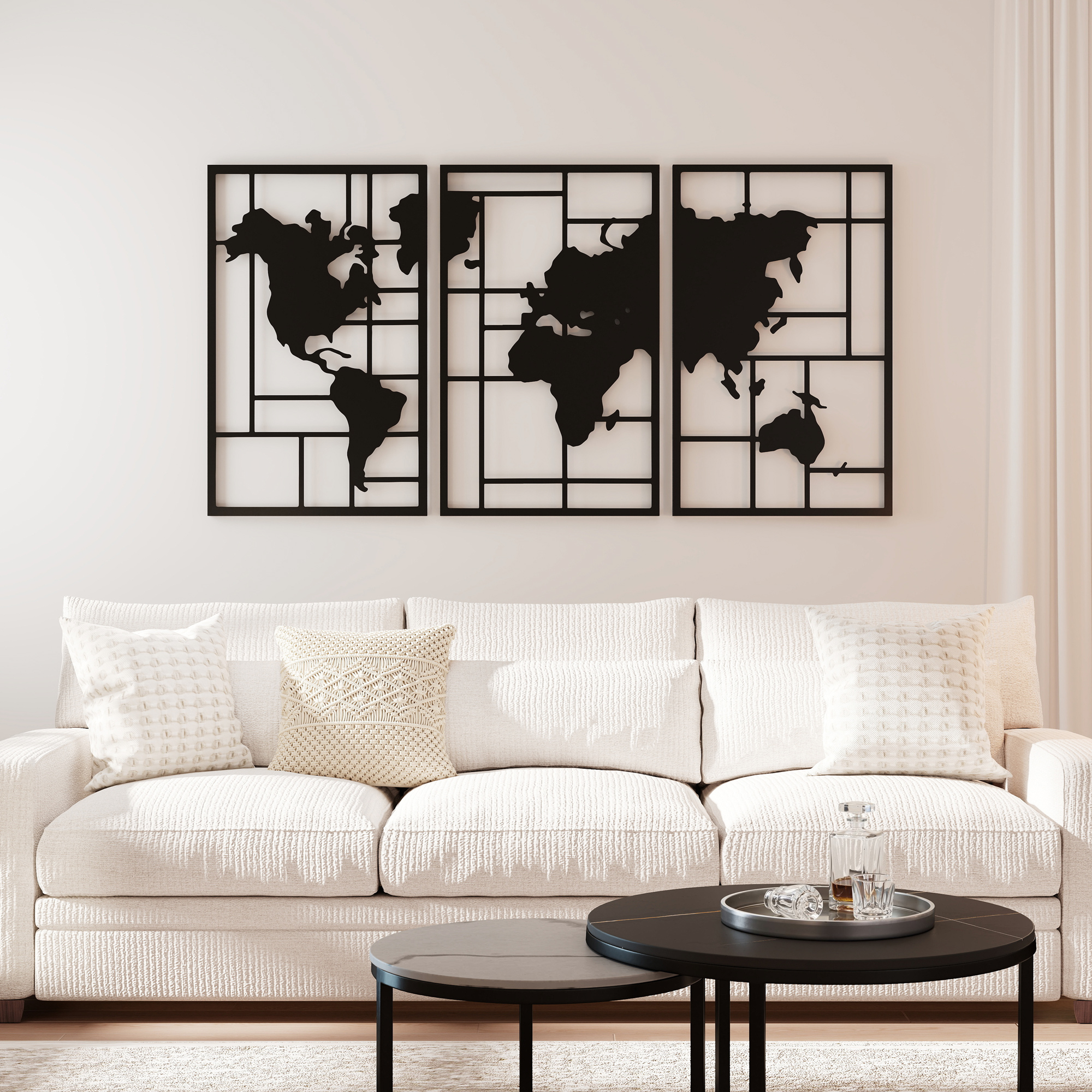 3-osaline metallist seinakaunistus maailmakaardi motiiviga, must, 150 x 80 cm