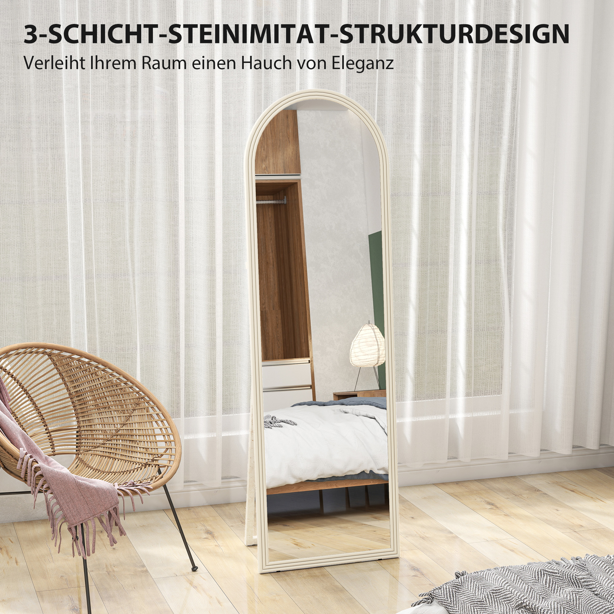 Pikk peegel, 50 x 160 cm, vabalt seisev, seinale kinnitatav, kaarekujuline raam, valge