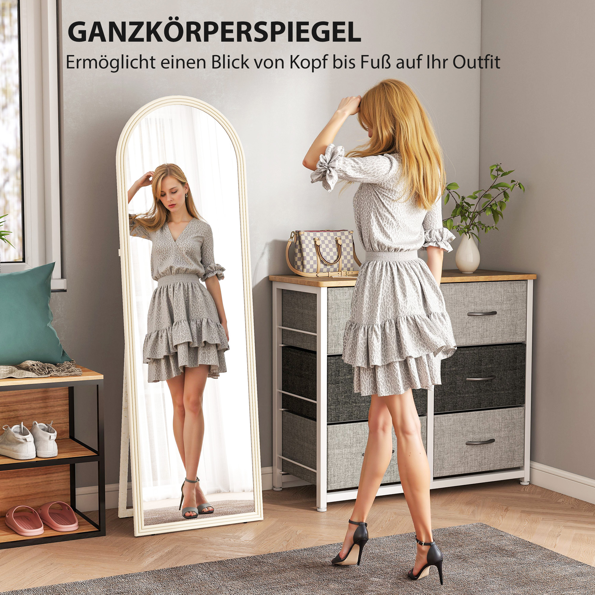 Pikk peegel, 50 x 160 cm, vabalt seisev, seinale kinnitatav, kaarekujuline raam, valge