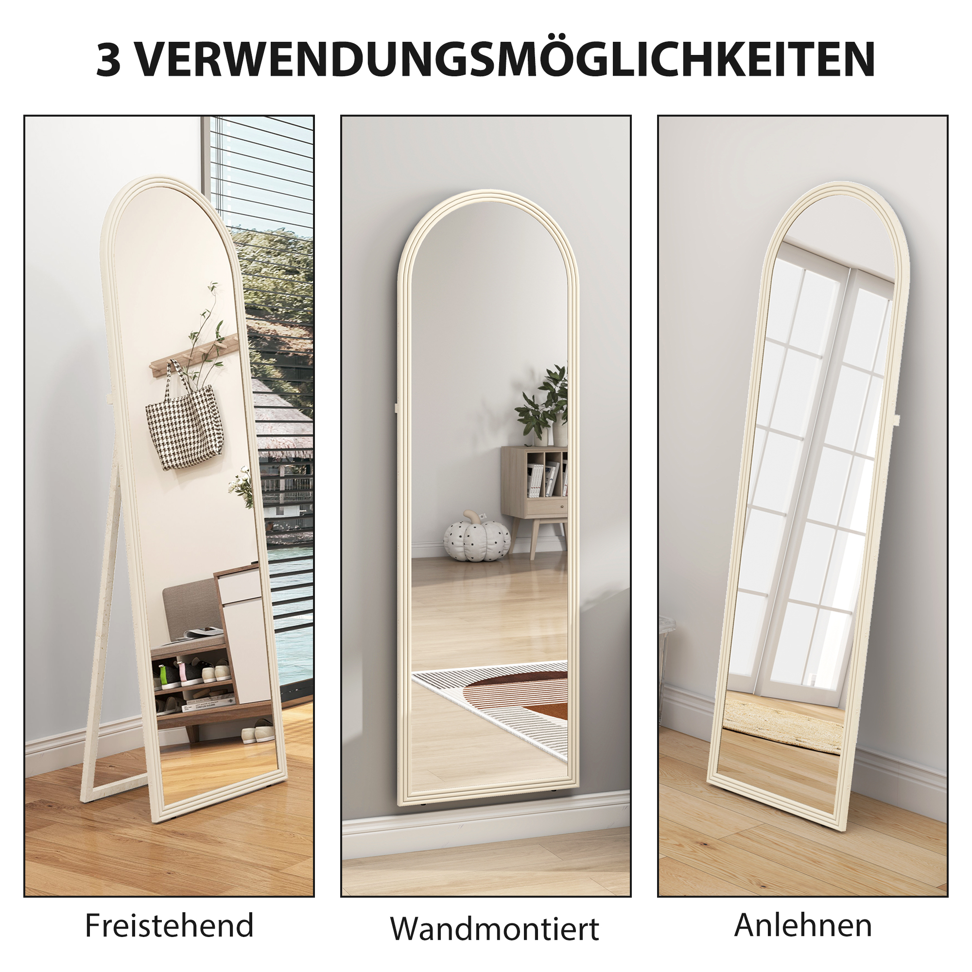 Pikk peegel, 50 x 160 cm, vabalt seisev, seinale kinnitatav, kaarekujuline raam, valge