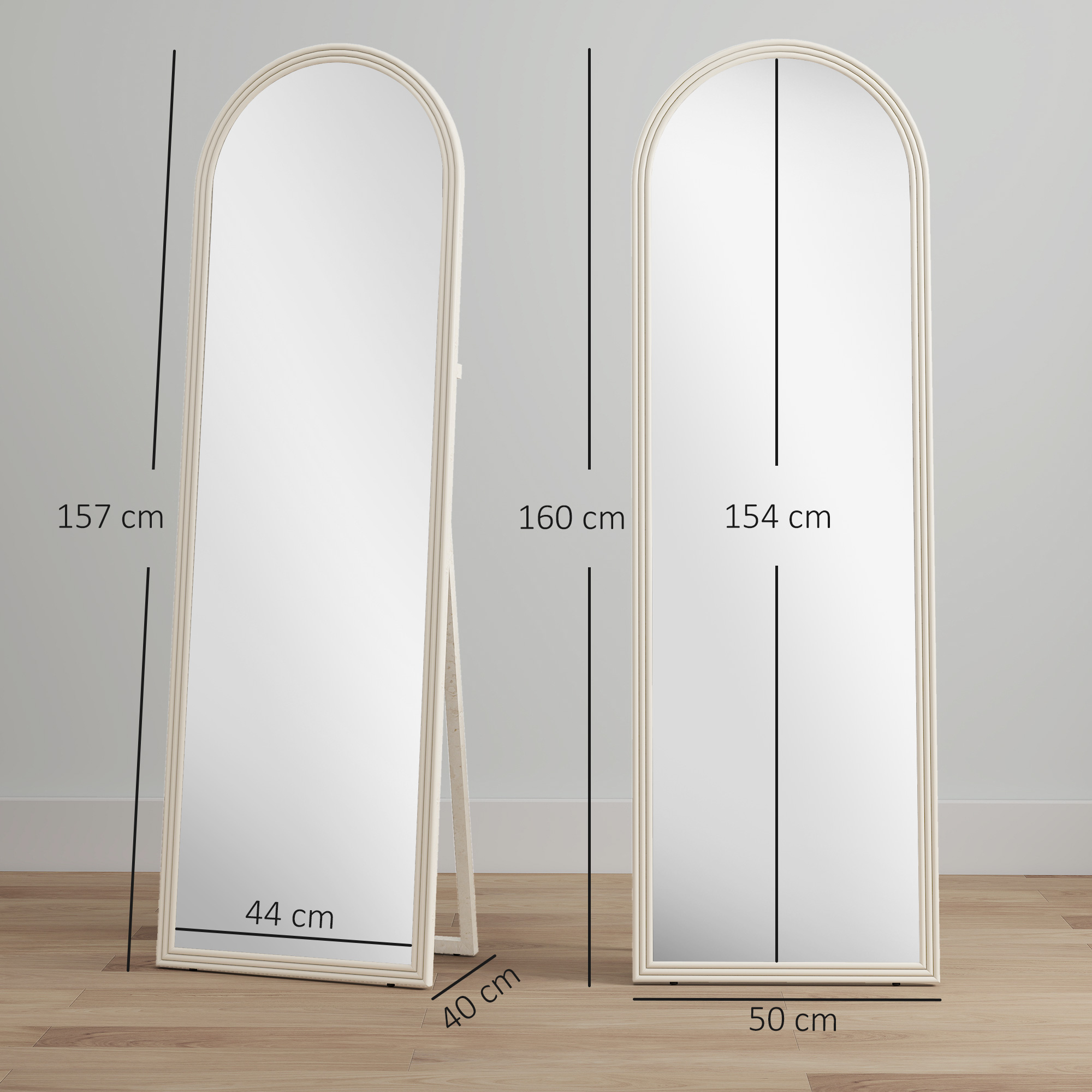 Pikk peegel, 50 x 160 cm, vabalt seisev, seinale kinnitatav, kaarekujuline raam, valge