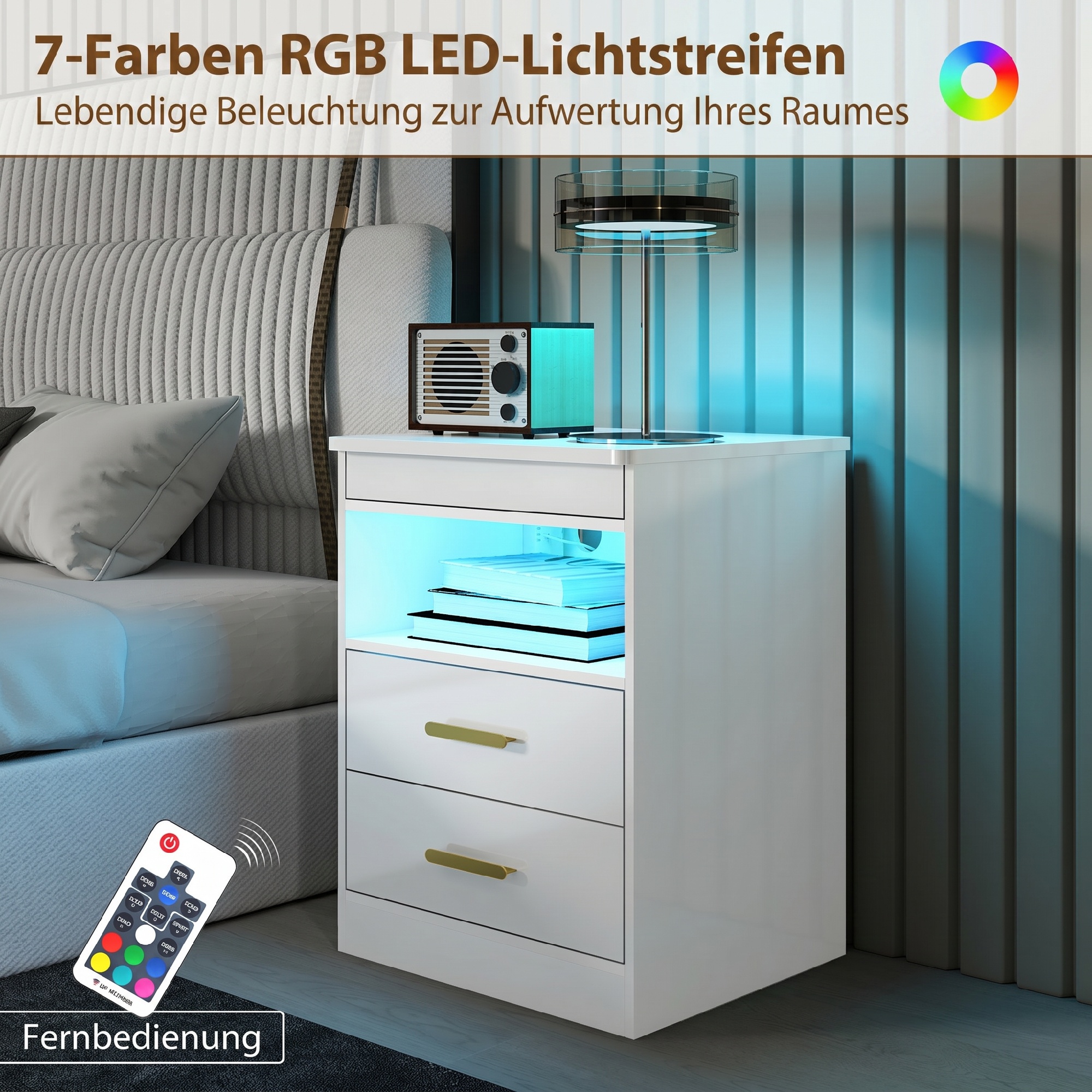 Nachtkapi laadimispesa ja RGB LED-valgustusega, kõrgläikega valge, 45 x 40 x 59 cm