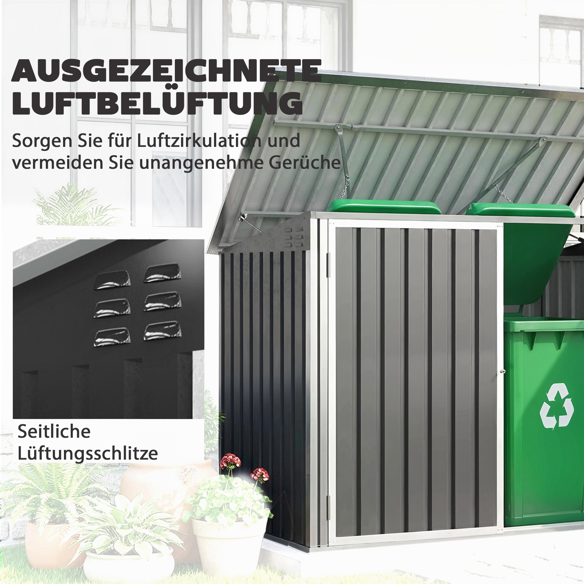 Mülltonnenbox 2 prügikasti jaoks, tsingitud teras, tumehall, 179,5 x 108 x 129,5/113 cm