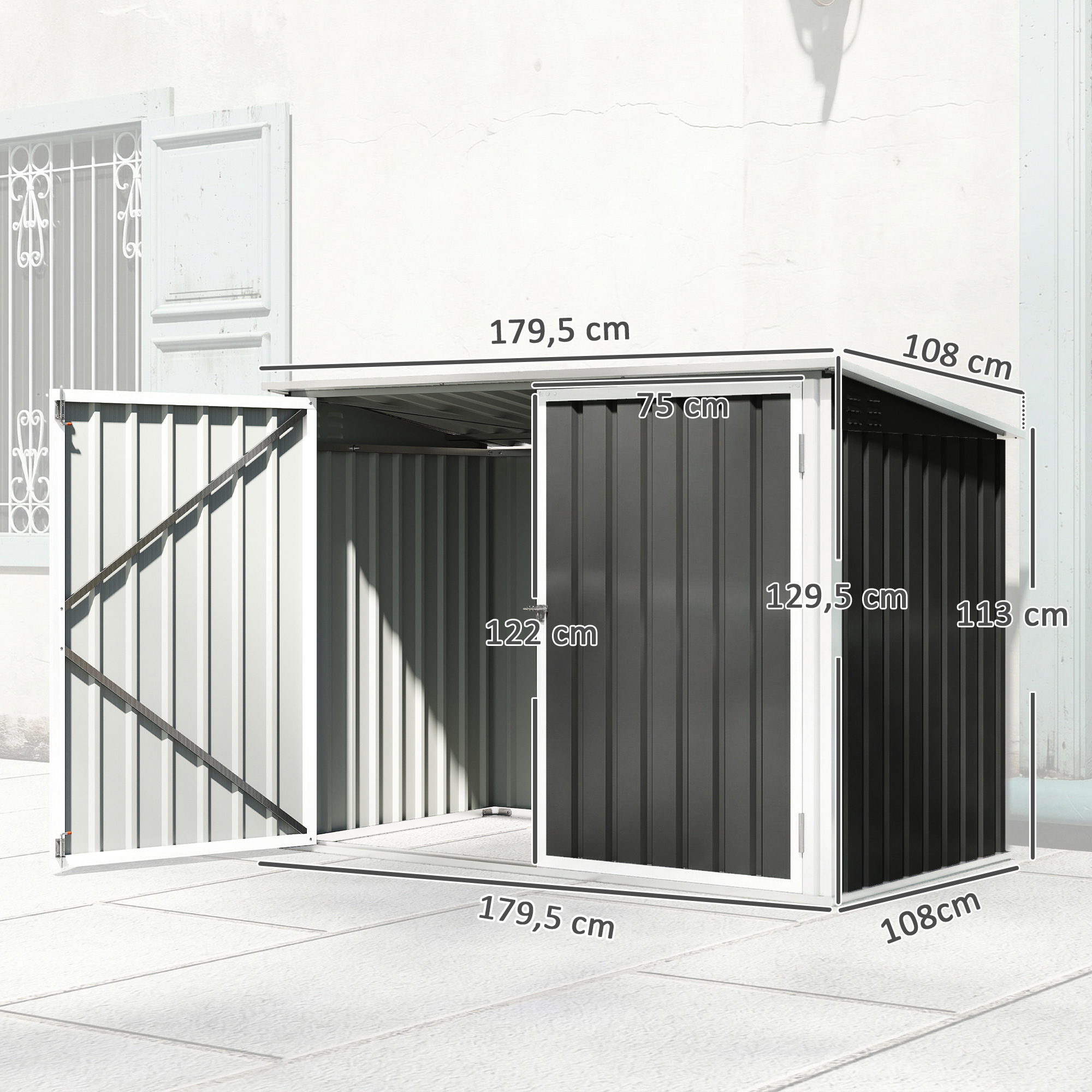 Mülltonnenbox 2 prügikasti jaoks, tsingitud teras, tumehall, 179,5 x 108 x 129,5/113 cm